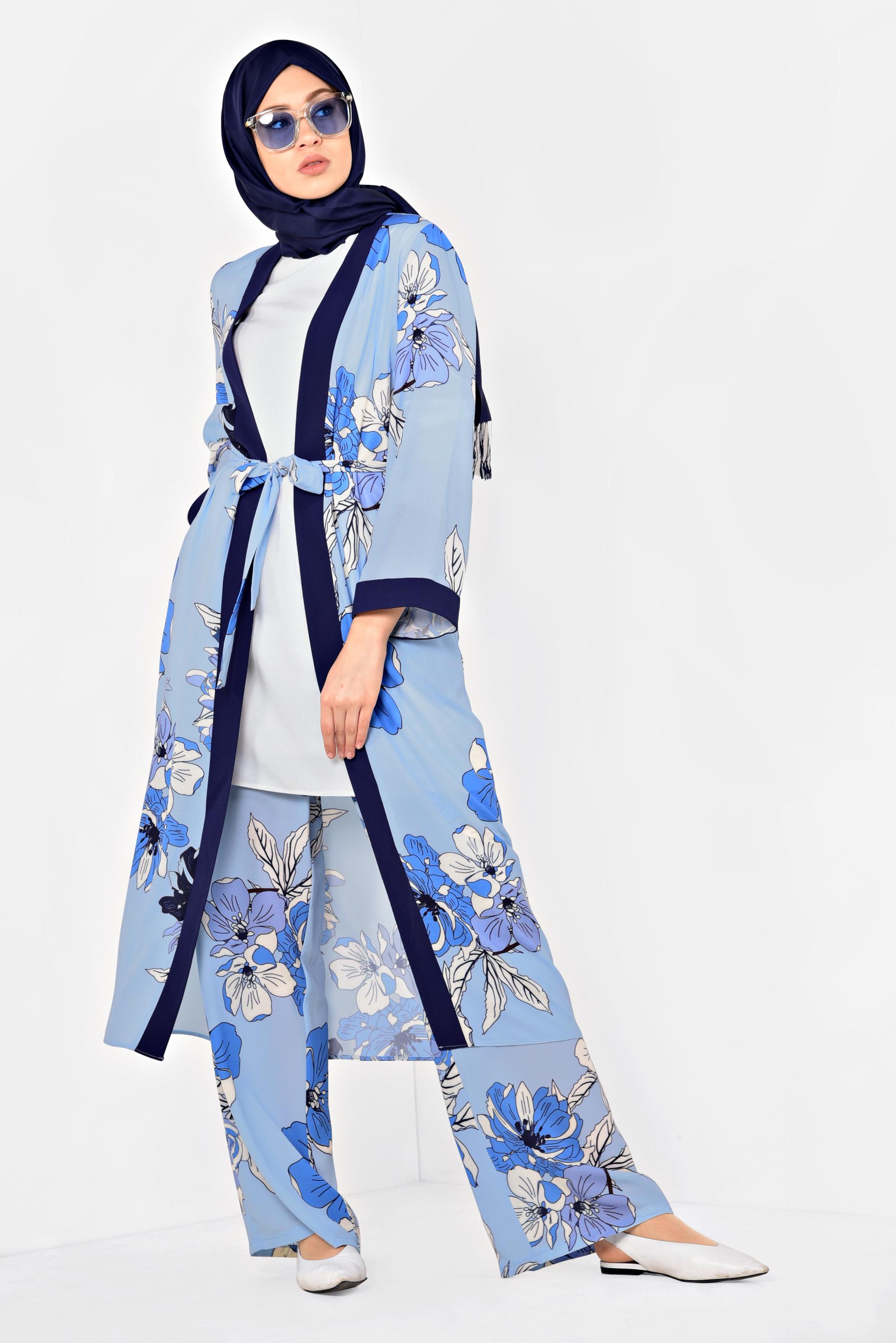 Tesettür giyim MAVİ ÇİÇEK DESENLİ KİMONOLU TAKIM 4923