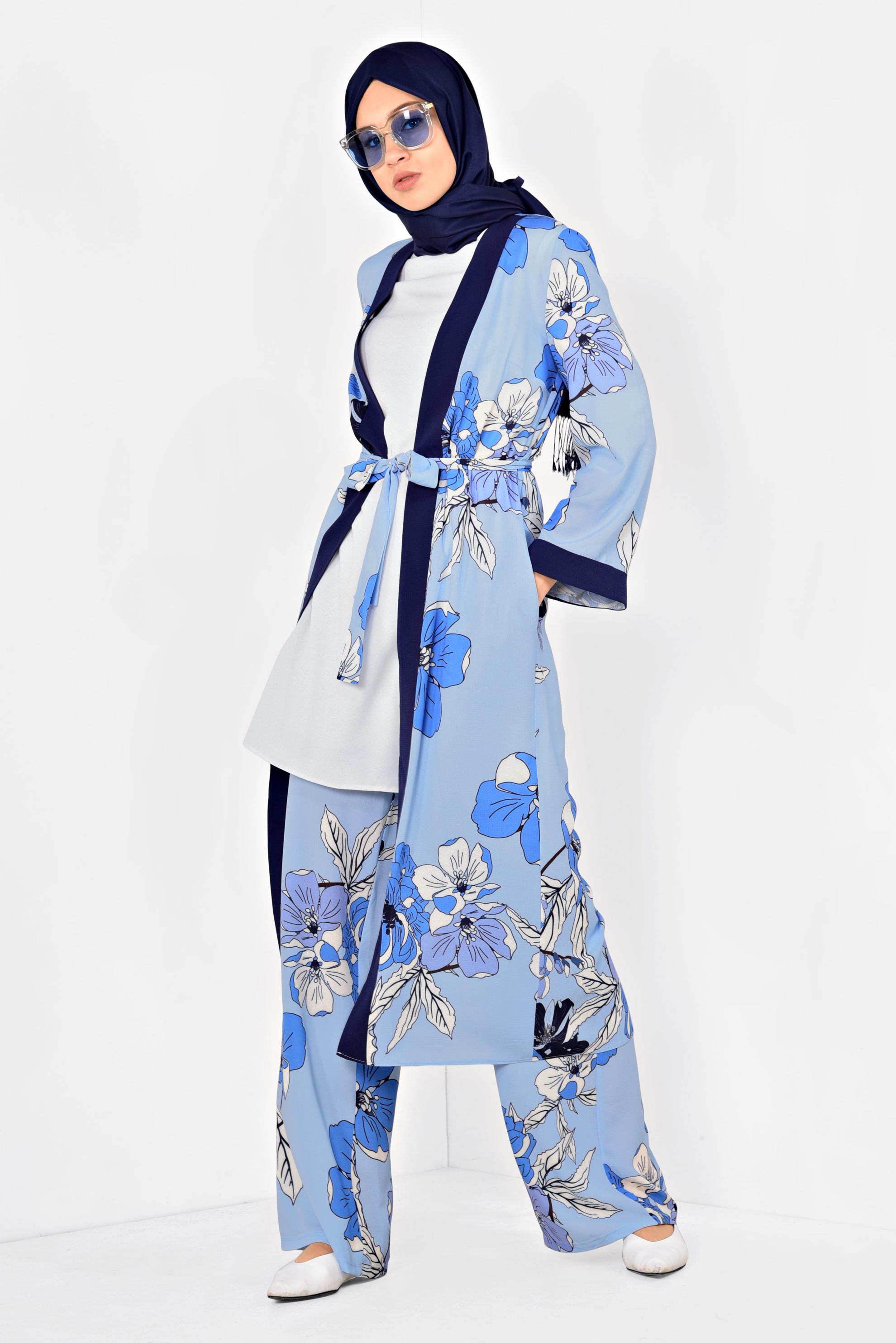 Tesettür giyim MAVİ ÇİÇEK DESENLİ KİMONOLU TAKIM 4923
