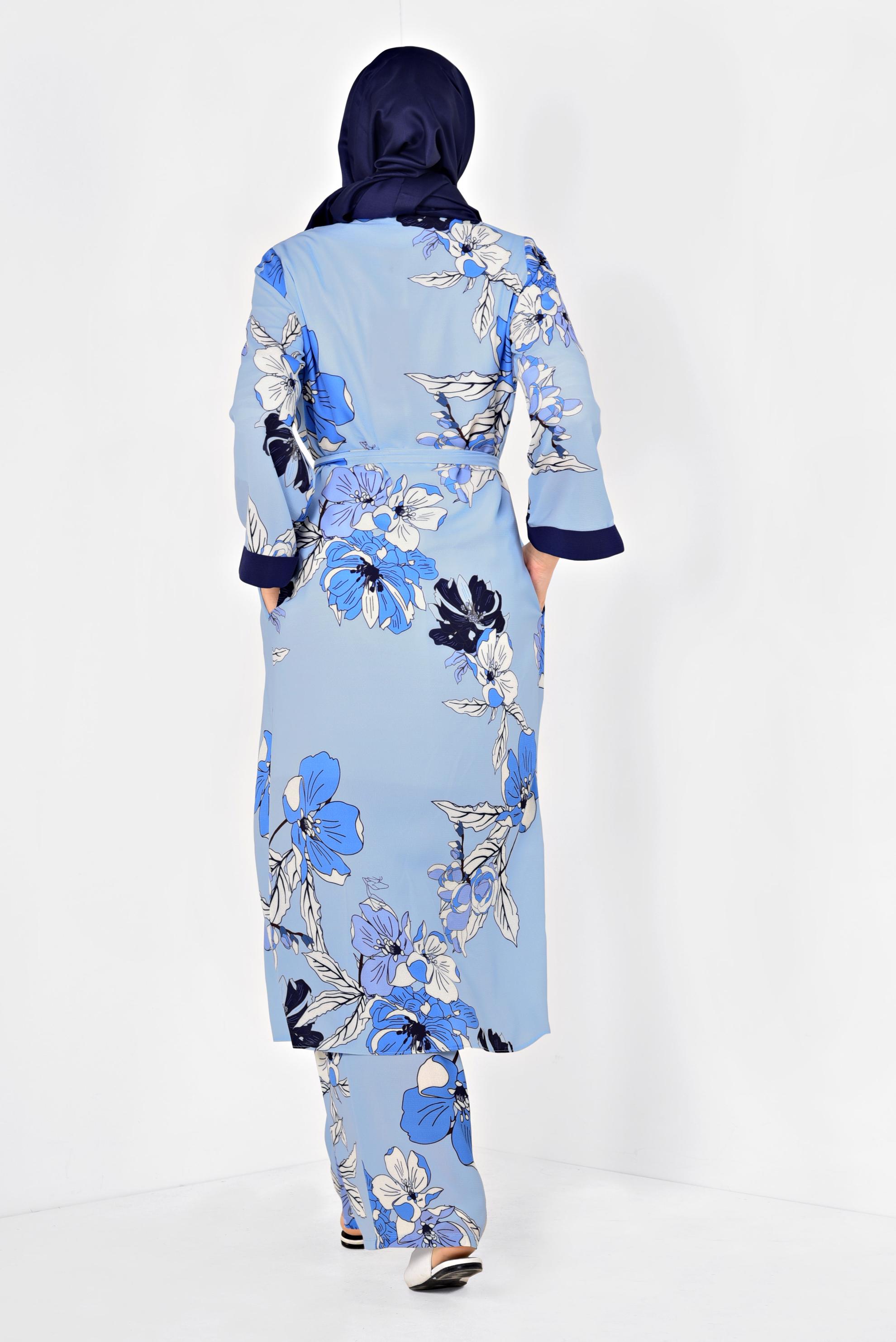 Tesettür giyim MAVİ ÇİÇEK DESENLİ KİMONOLU TAKIM 4923