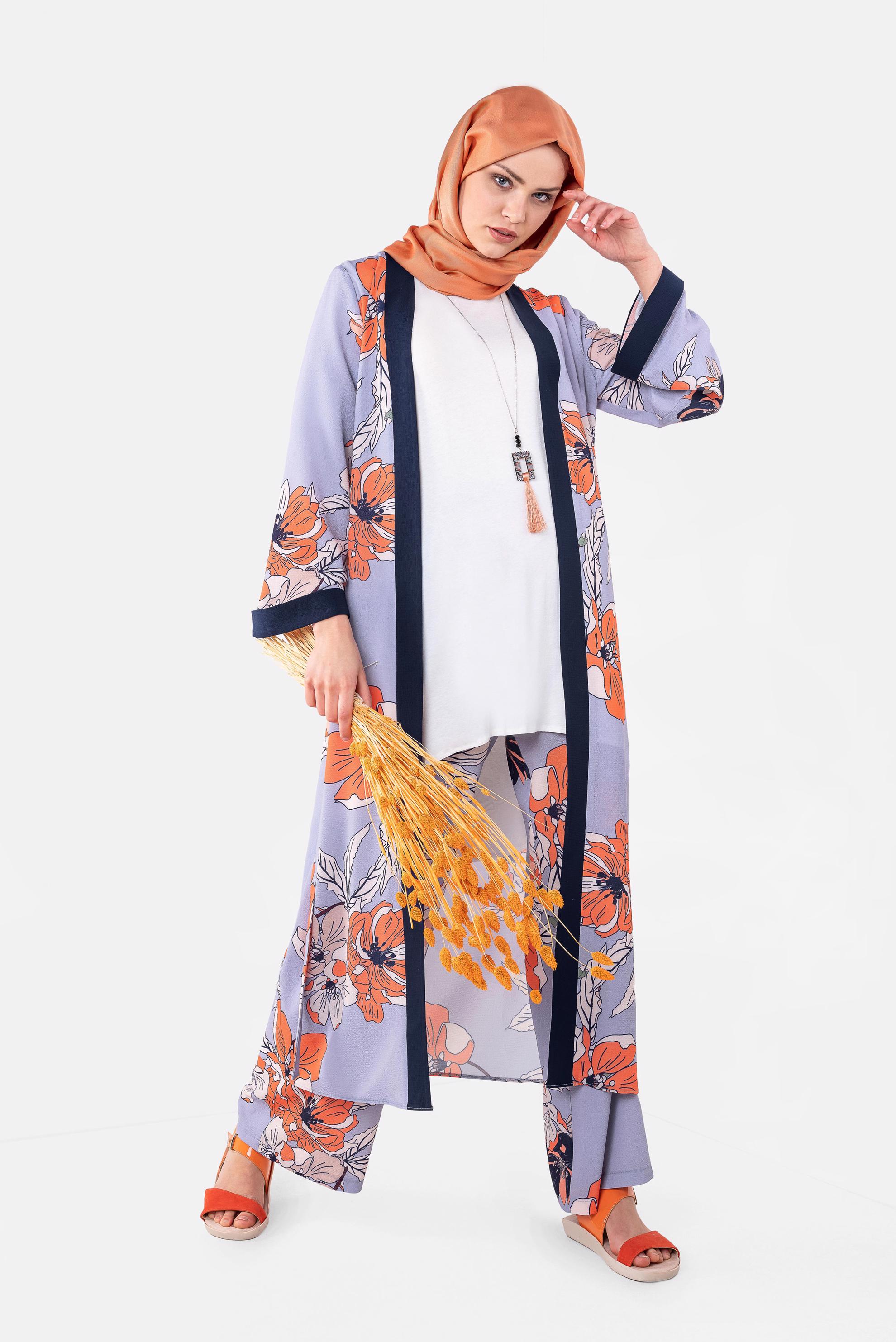 Tesettür giyim MOR ÇİÇEK DESENLİ KİMONOLU TAKIM 4923