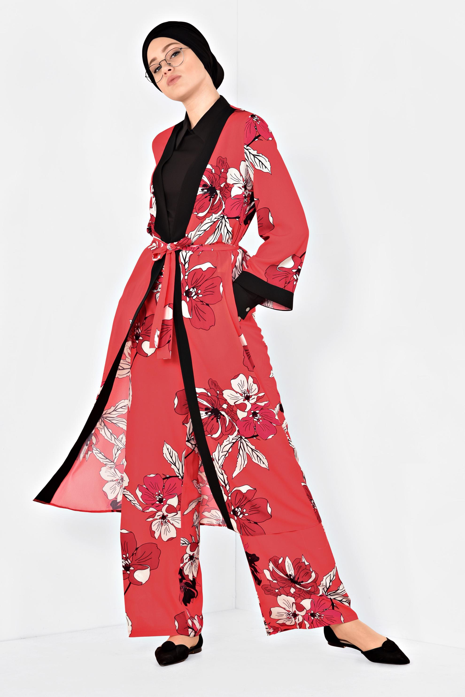 Tesettür giyim KIRMIZI ÇİÇEK DESENLİ KİMONOLU TAKIM 4923