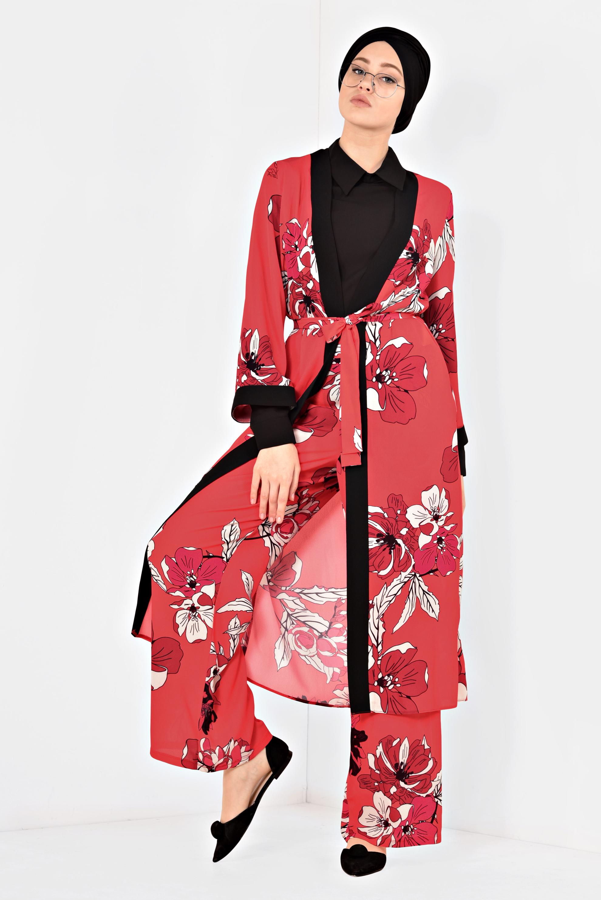 Tesettür giyim KIRMIZI ÇİÇEK DESENLİ KİMONOLU TAKIM 4923