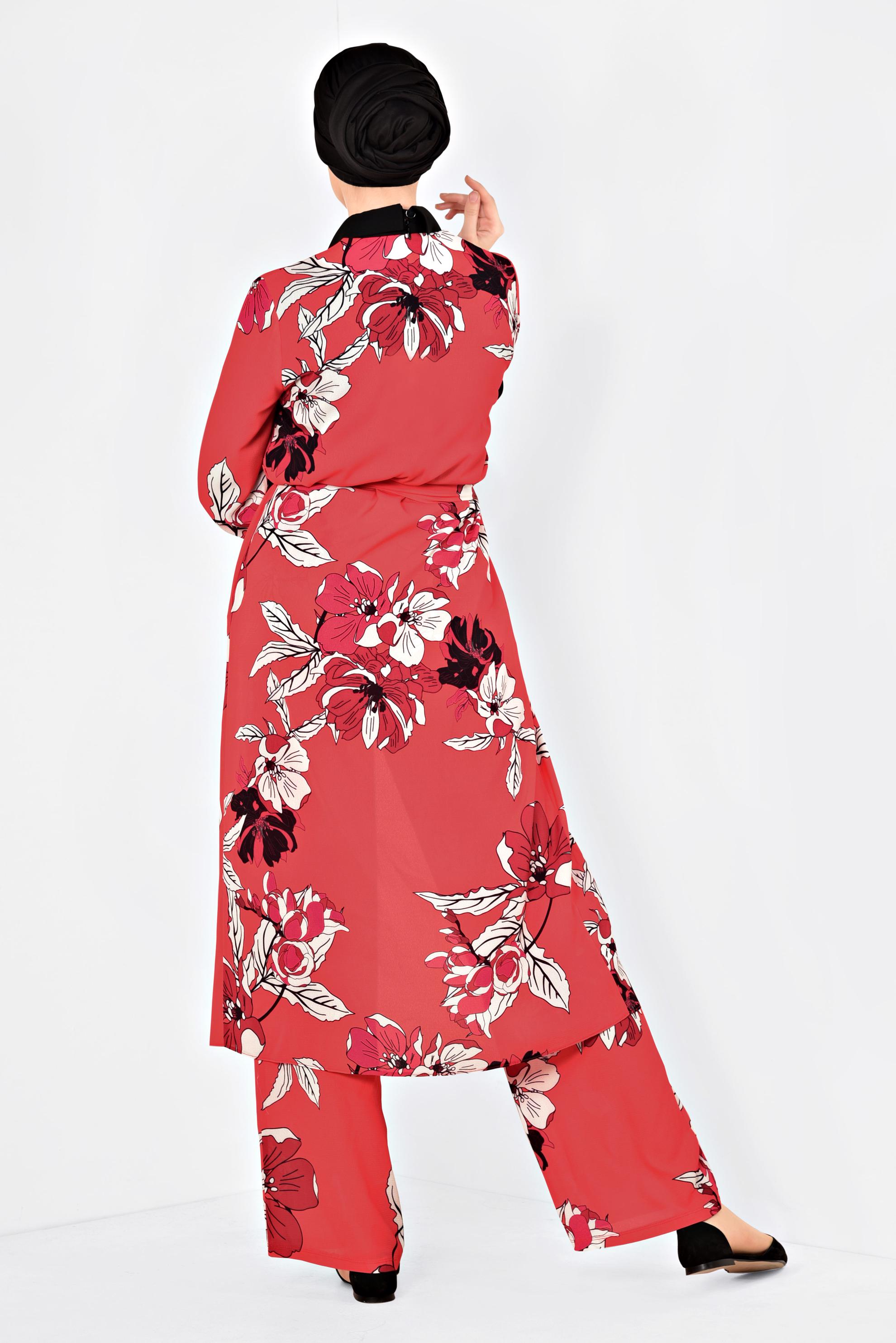 Tesettür giyim KIRMIZI ÇİÇEK DESENLİ KİMONOLU TAKIM 4923