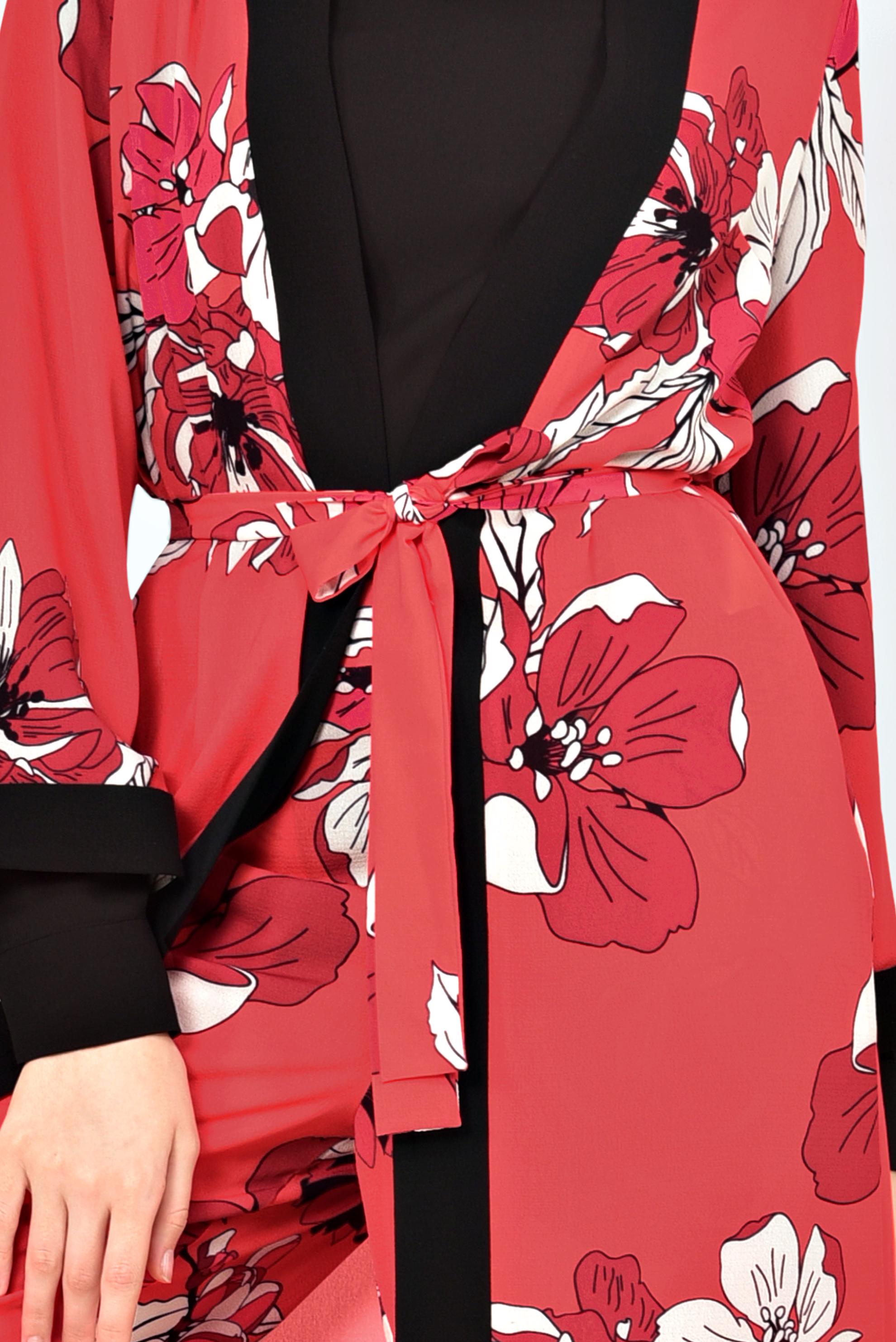 Tesettür giyim KIRMIZI ÇİÇEK DESENLİ KİMONOLU TAKIM 4923