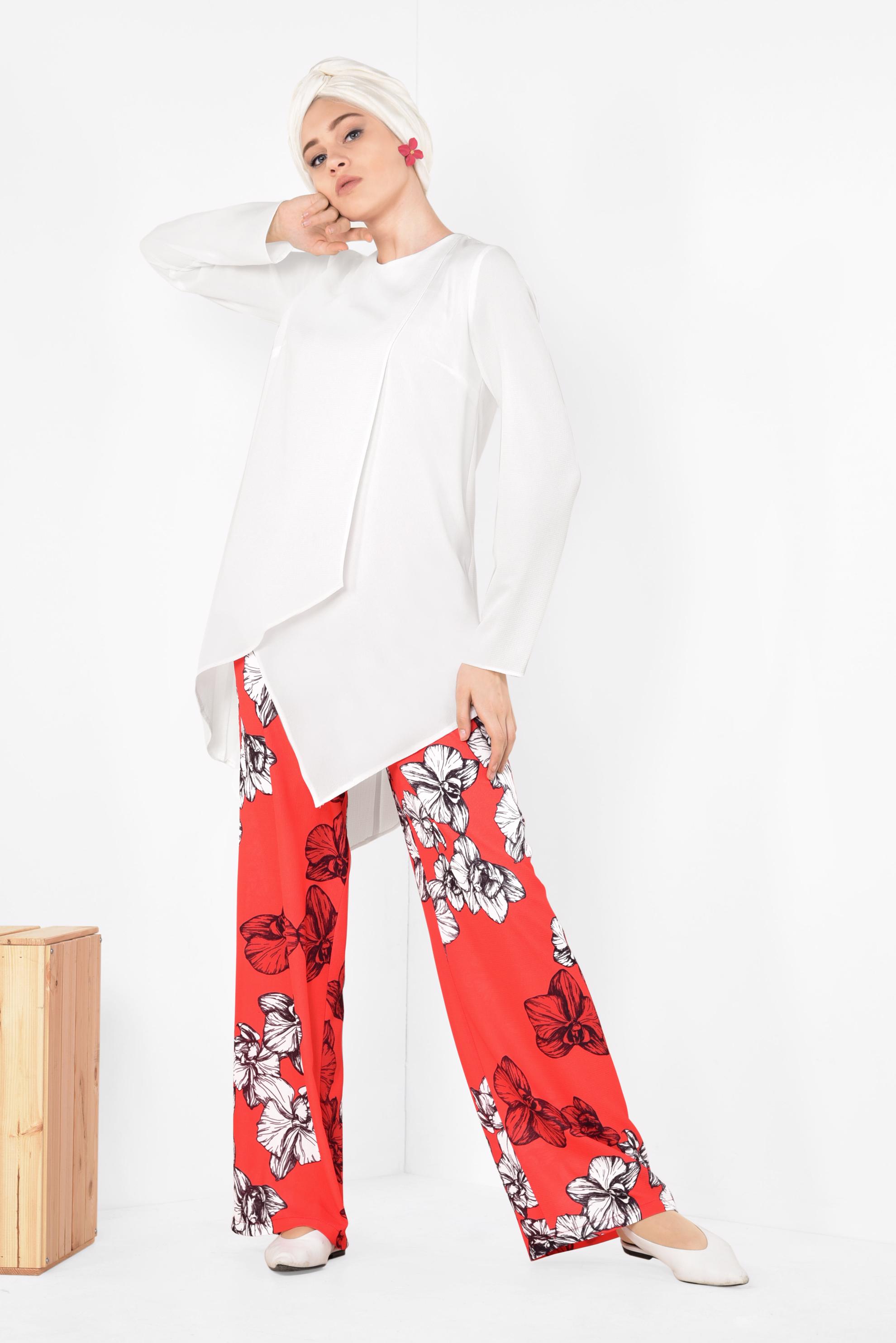 Hijab clothing RED Asymmetric Floral Binary Suit 4942