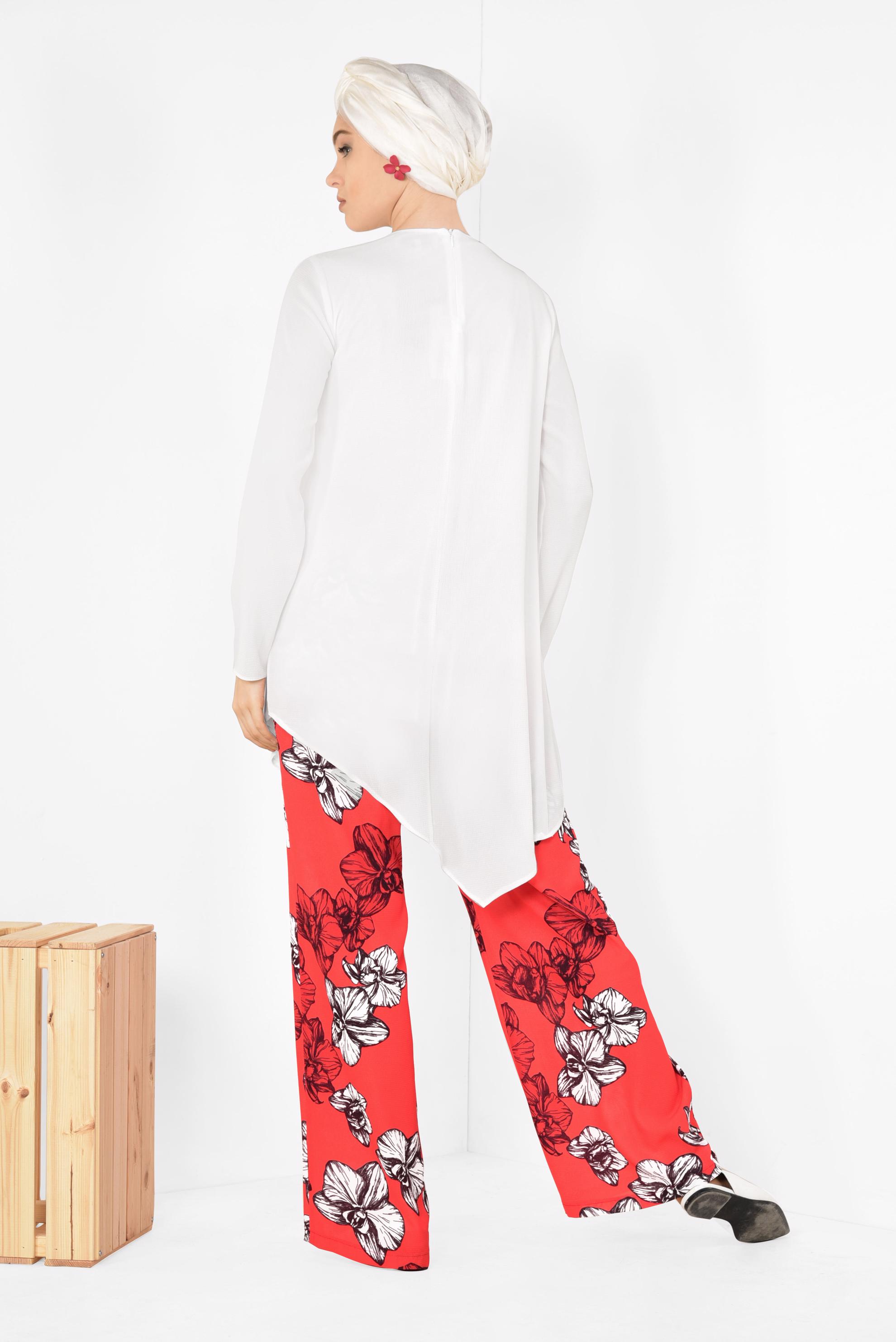 Hijab clothing RED Asymmetric Floral Binary Suit 4942