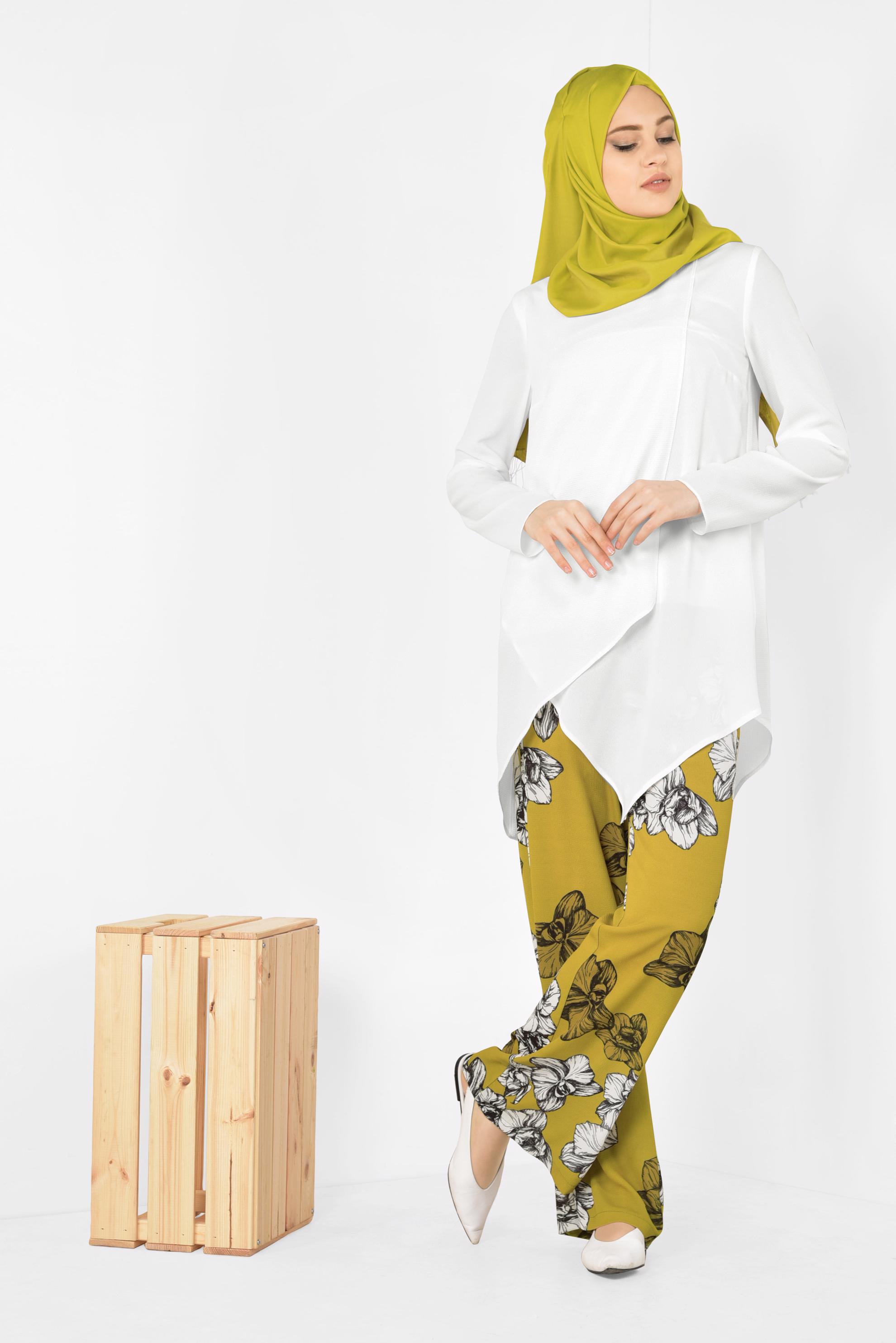 Tesettür giyim SARI TUNİĞİ ASİMETRİK KESİM FLORAL DESENLİ 2&prime;Lİ PANTOLONLU TAKIM 4942