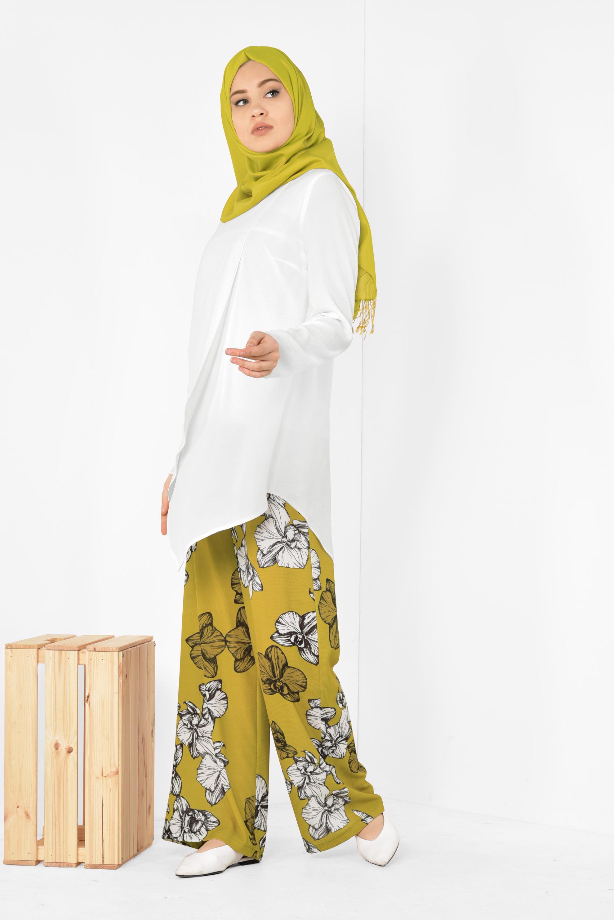 Tesettür giyim SARI TUNİĞİ ASİMETRİK KESİM FLORAL DESENLİ 2&prime;Lİ PANTOLONLU TAKIM 4942