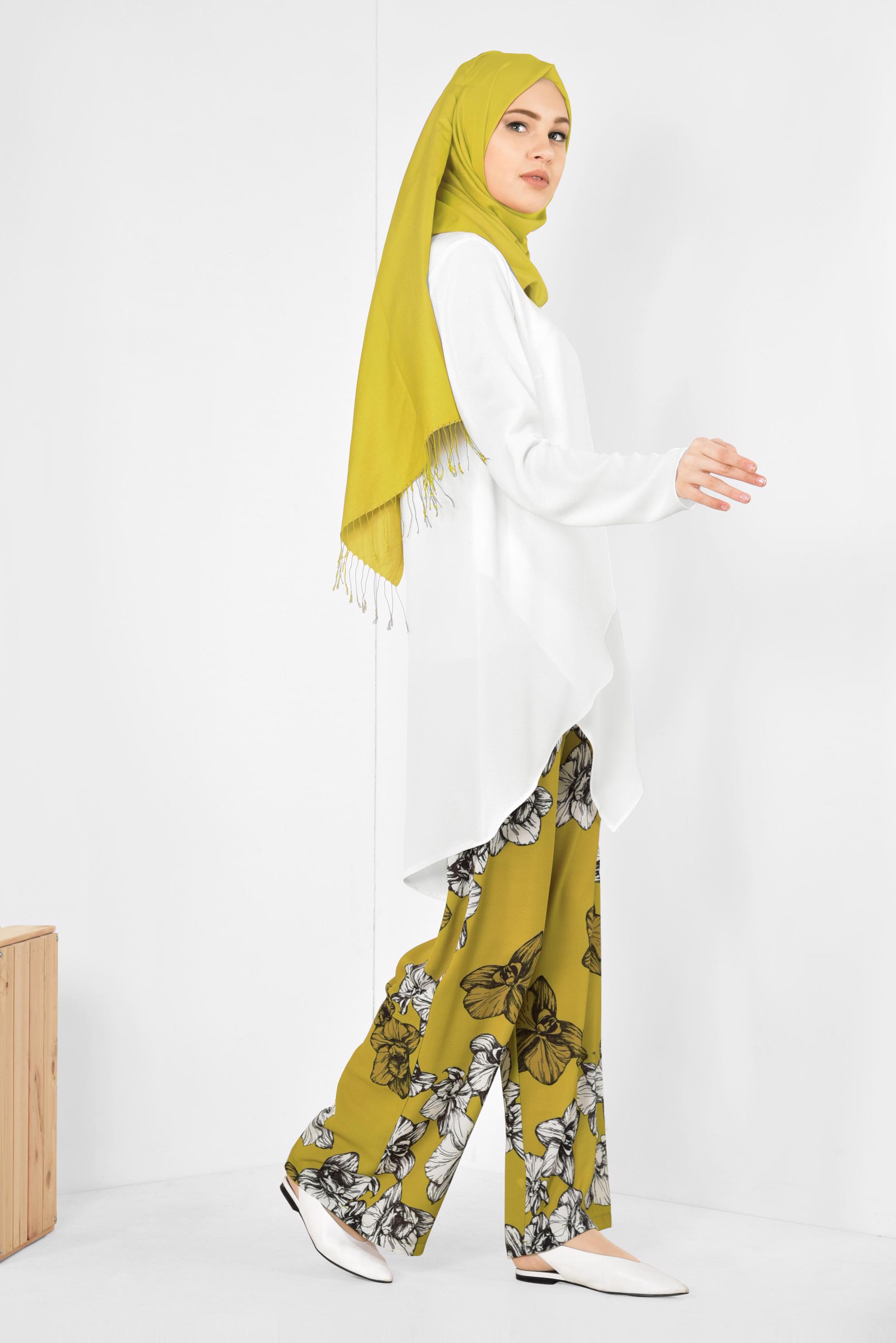 Tesettür giyim SARI TUNİĞİ ASİMETRİK KESİM FLORAL DESENLİ 2&prime;Lİ PANTOLONLU TAKIM 4942