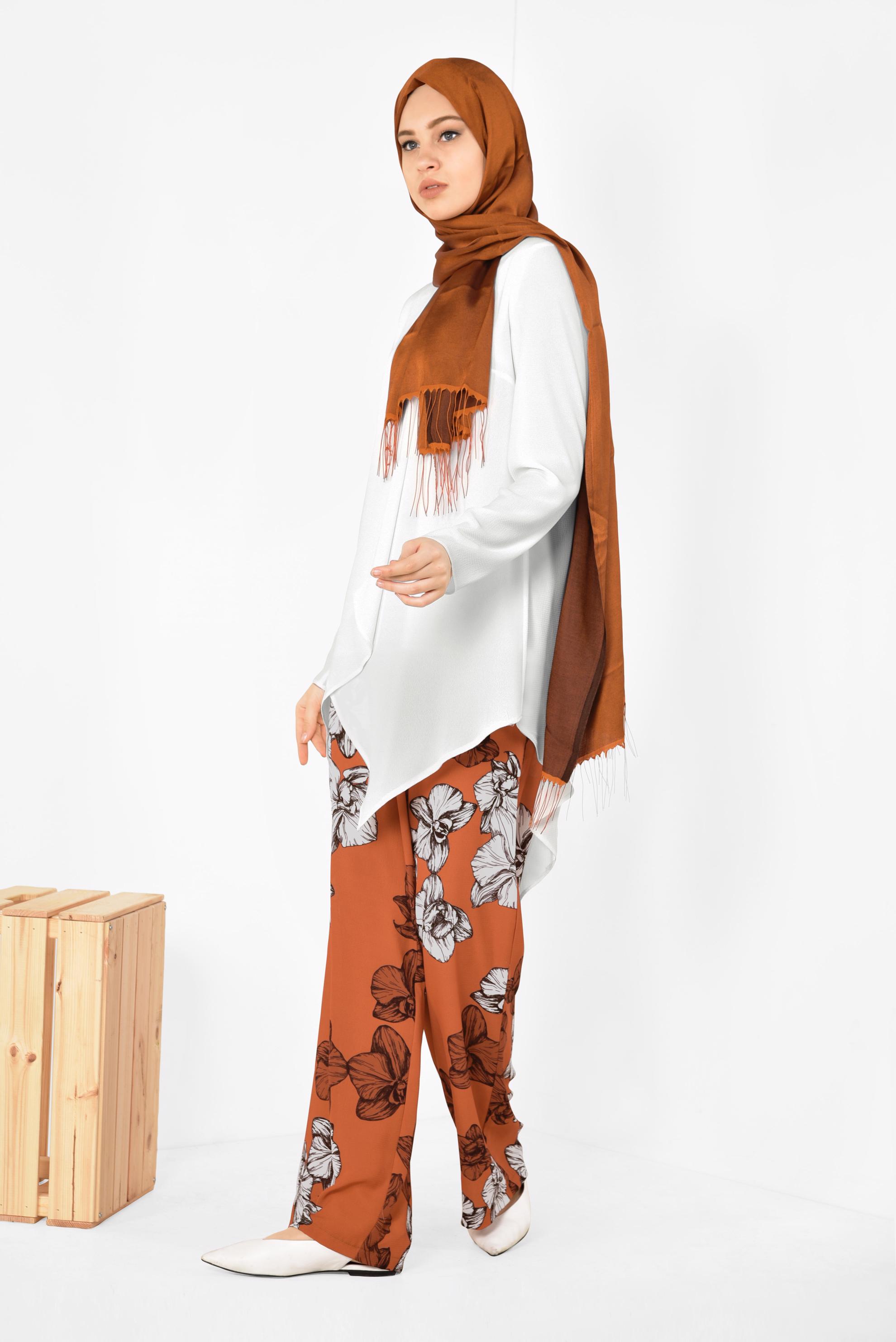 Tesettür giyim TURUNCU TUNİĞİ ASİMETRİK KESİM FLORAL DESENLİ 2&prime;Lİ PANTOLONLU TAKIM 4942