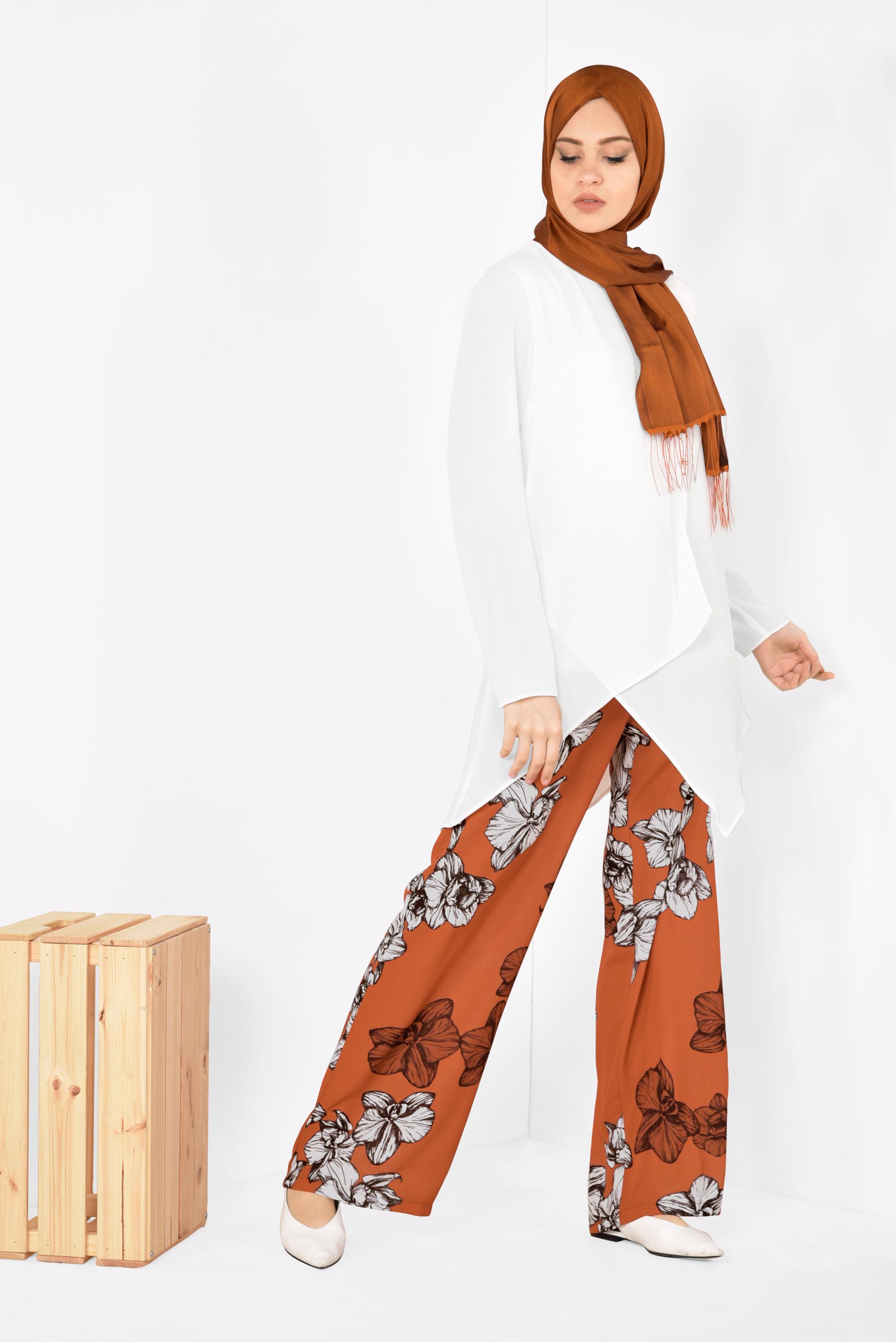 Tesettür giyim TURUNCU TUNİĞİ ASİMETRİK KESİM FLORAL DESENLİ 2&prime;Lİ PANTOLONLU TAKIM 4942