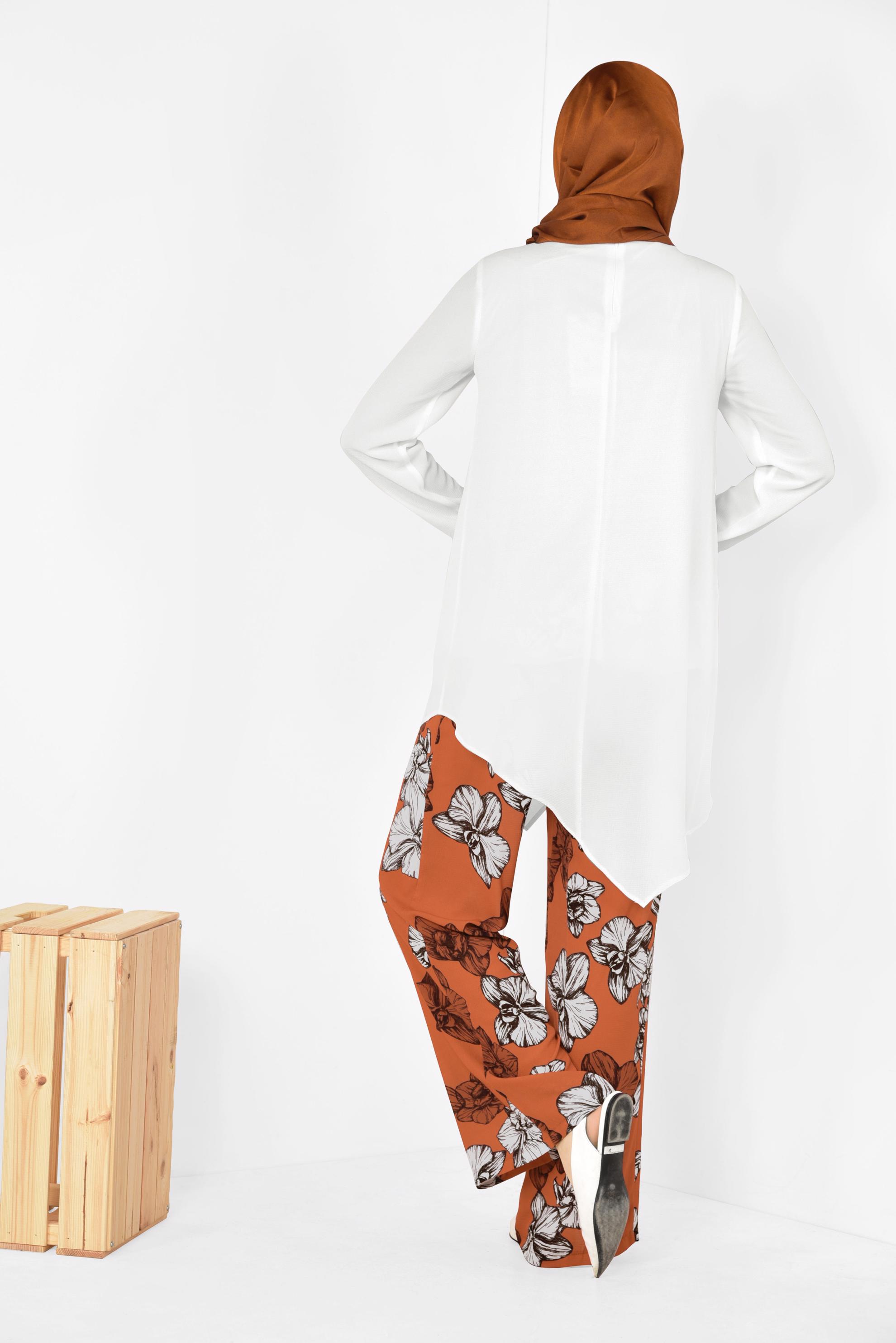 Tesettür giyim TURUNCU TUNİĞİ ASİMETRİK KESİM FLORAL DESENLİ 2&prime;Lİ PANTOLONLU TAKIM 4942