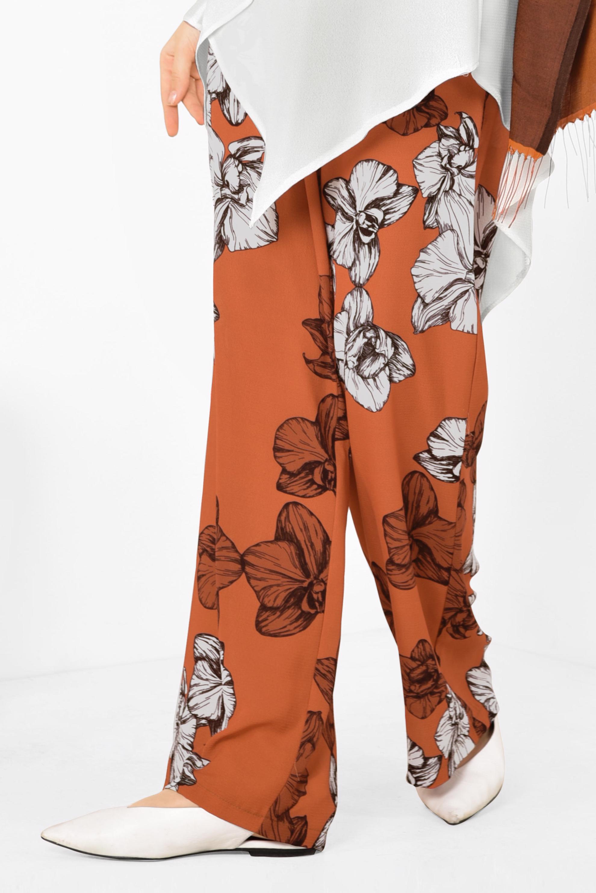 Tesettür giyim TURUNCU TUNİĞİ ASİMETRİK KESİM FLORAL DESENLİ 2&prime;Lİ PANTOLONLU TAKIM 4942