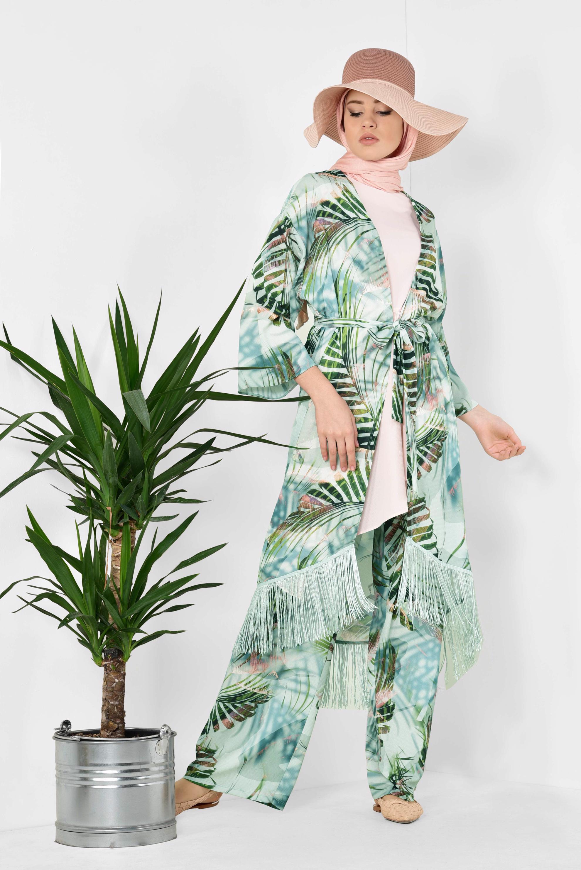 Hijab clothing GREEN Tassel Binary Suit 4998