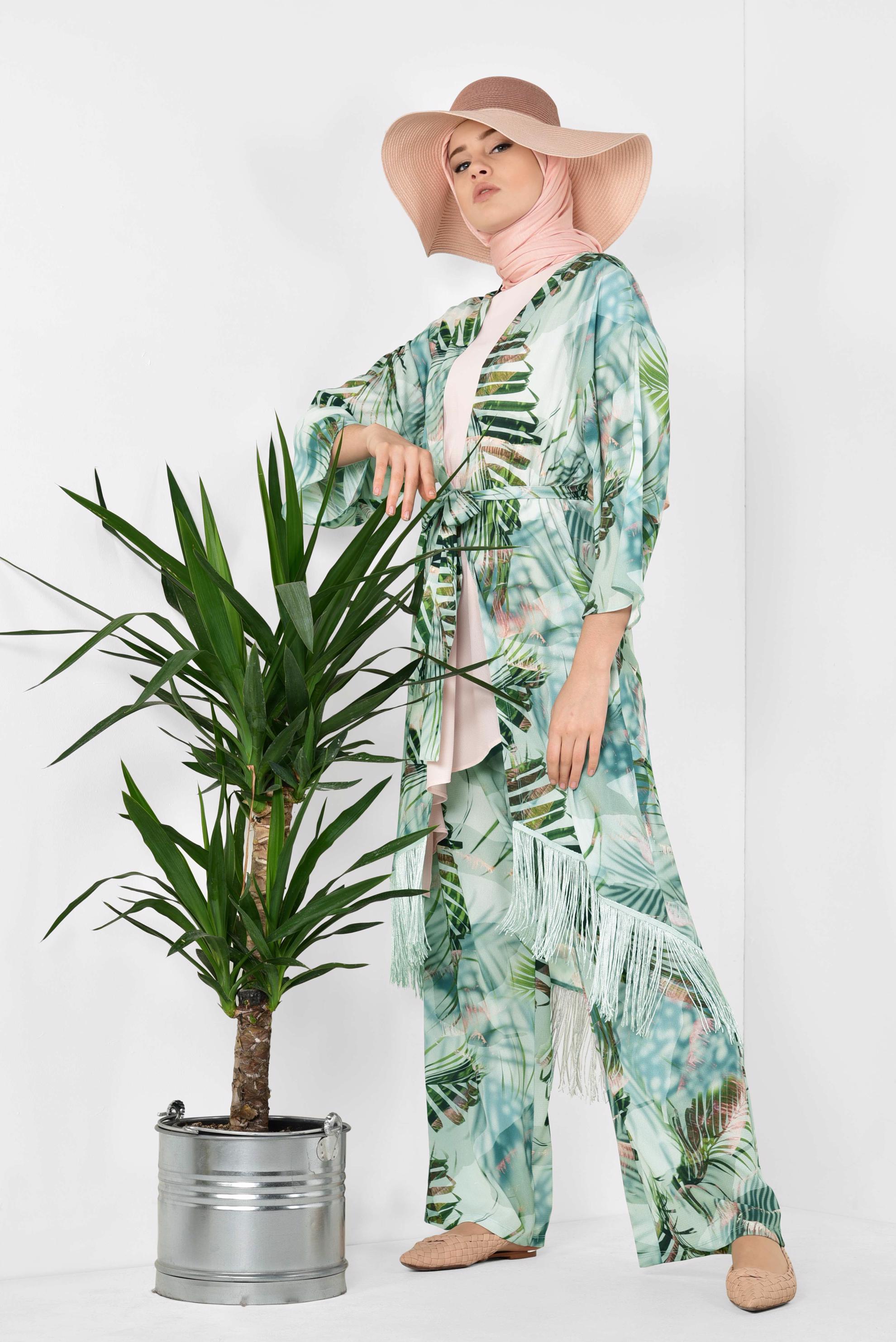 Hijab clothing GREEN Tassel Binary Suit 4998