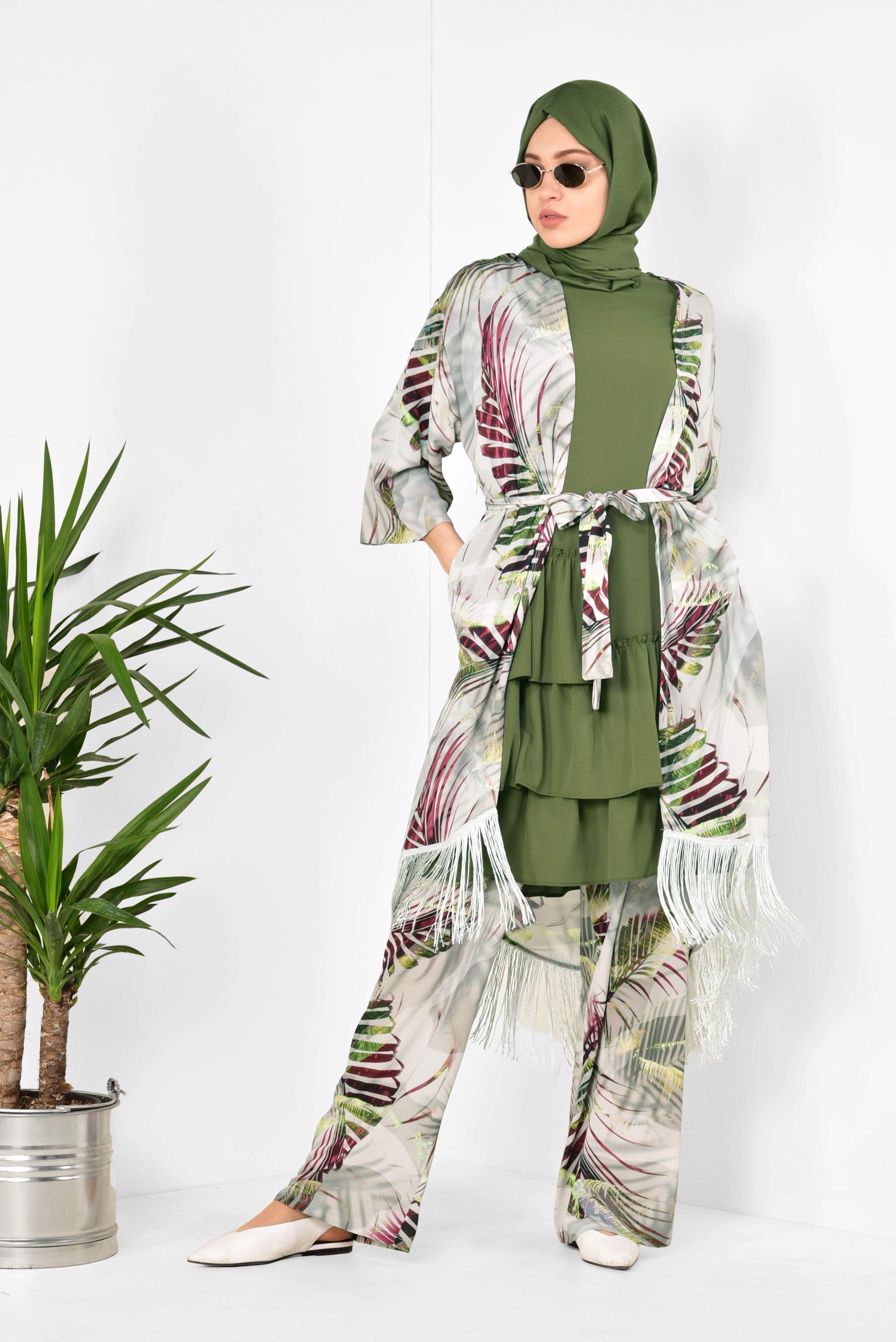 Hijab clothing GREY Tassel Binary Suit 4998