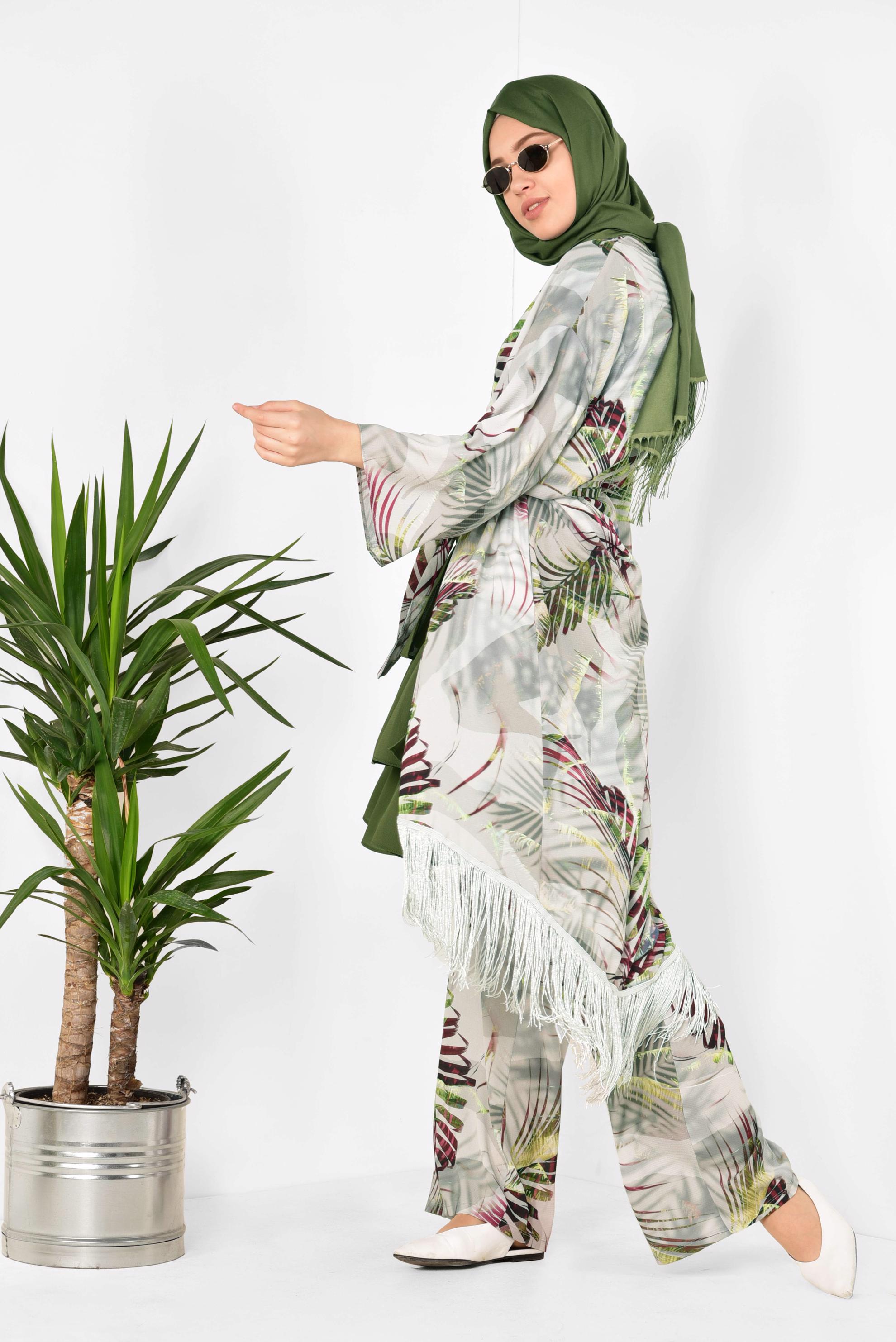 Hijab clothing GREY Tassel Binary Suit 4998