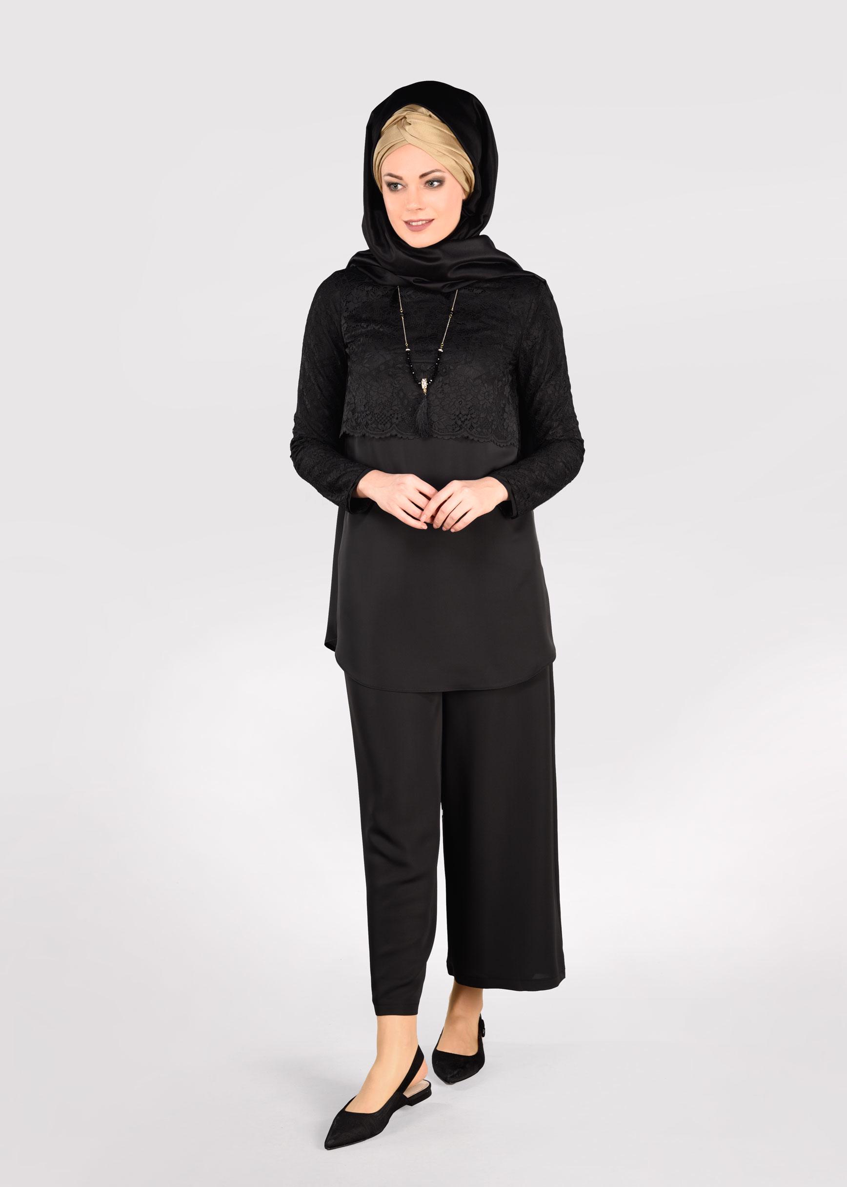 Tesettür giyim SİYAH 4959-1 NEPAL 7580 2&prime;Lİ PANT.TAKIM 38/44 TEK40