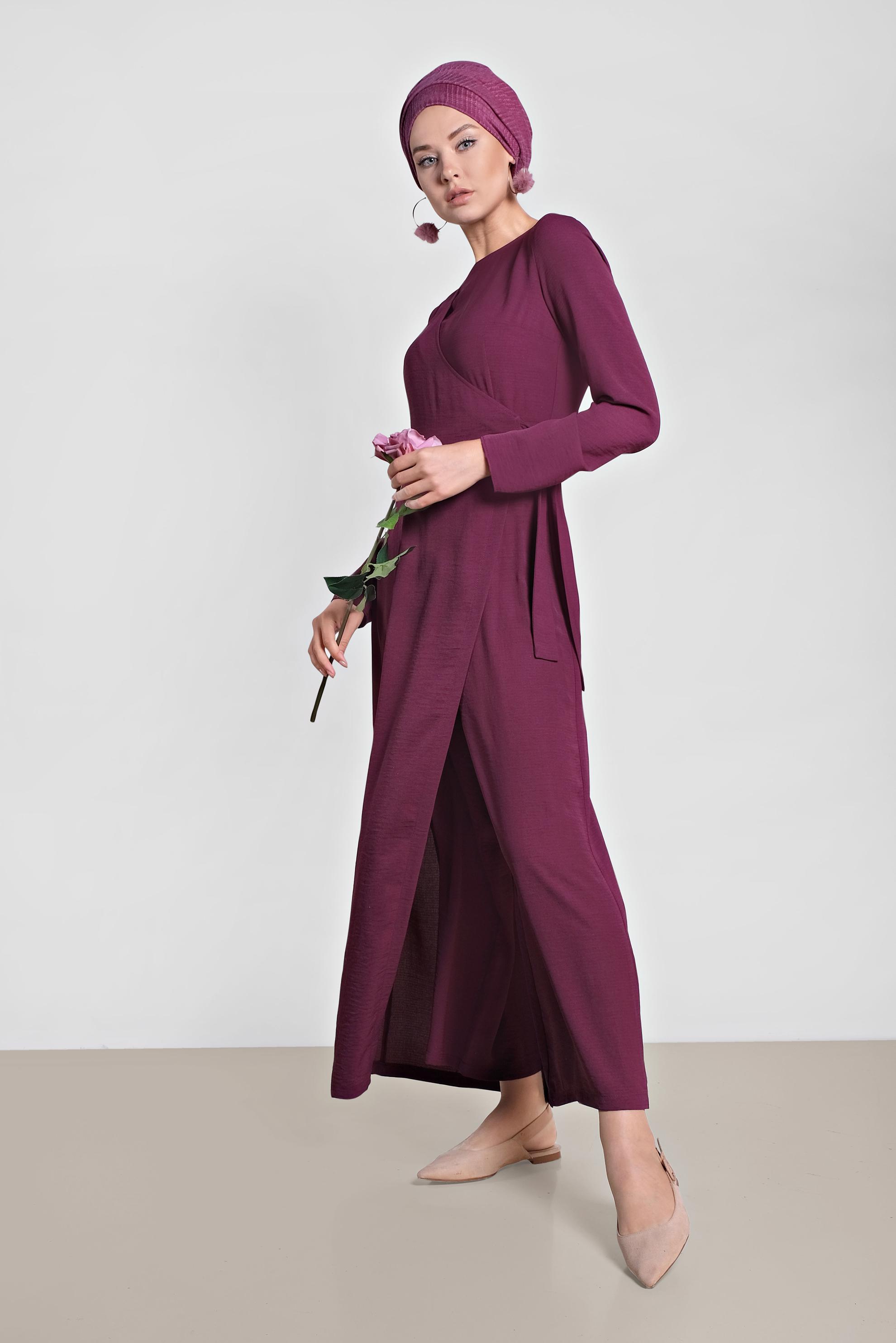 Tesettür giyim MOR YANDAN BAĞLAMALI TULUM 4172