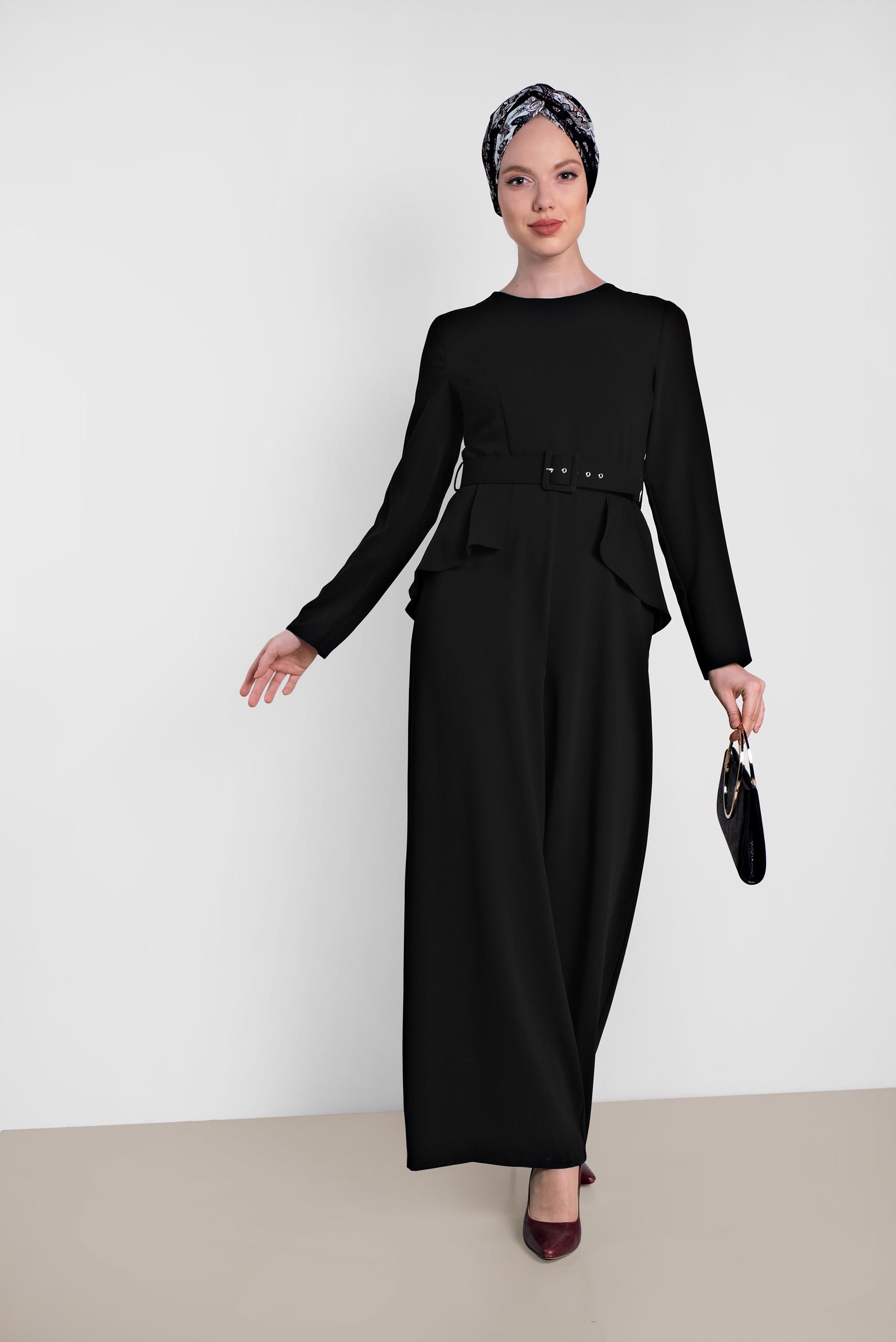 Tesettür giyim SİYAH KEMER DETAYLI TULUM 4480 