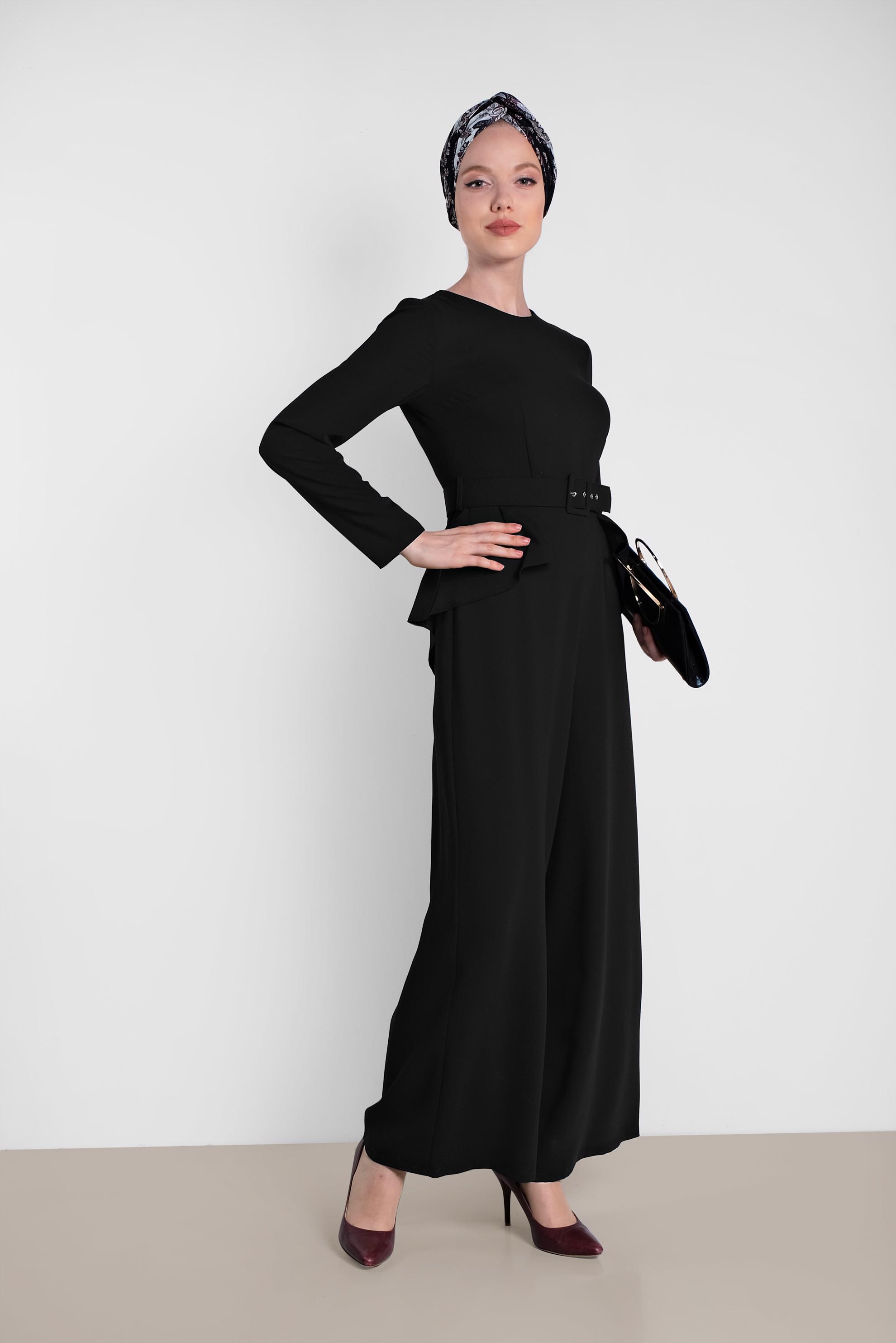 Tesettür giyim SİYAH KEMER DETAYLI TULUM 4480 