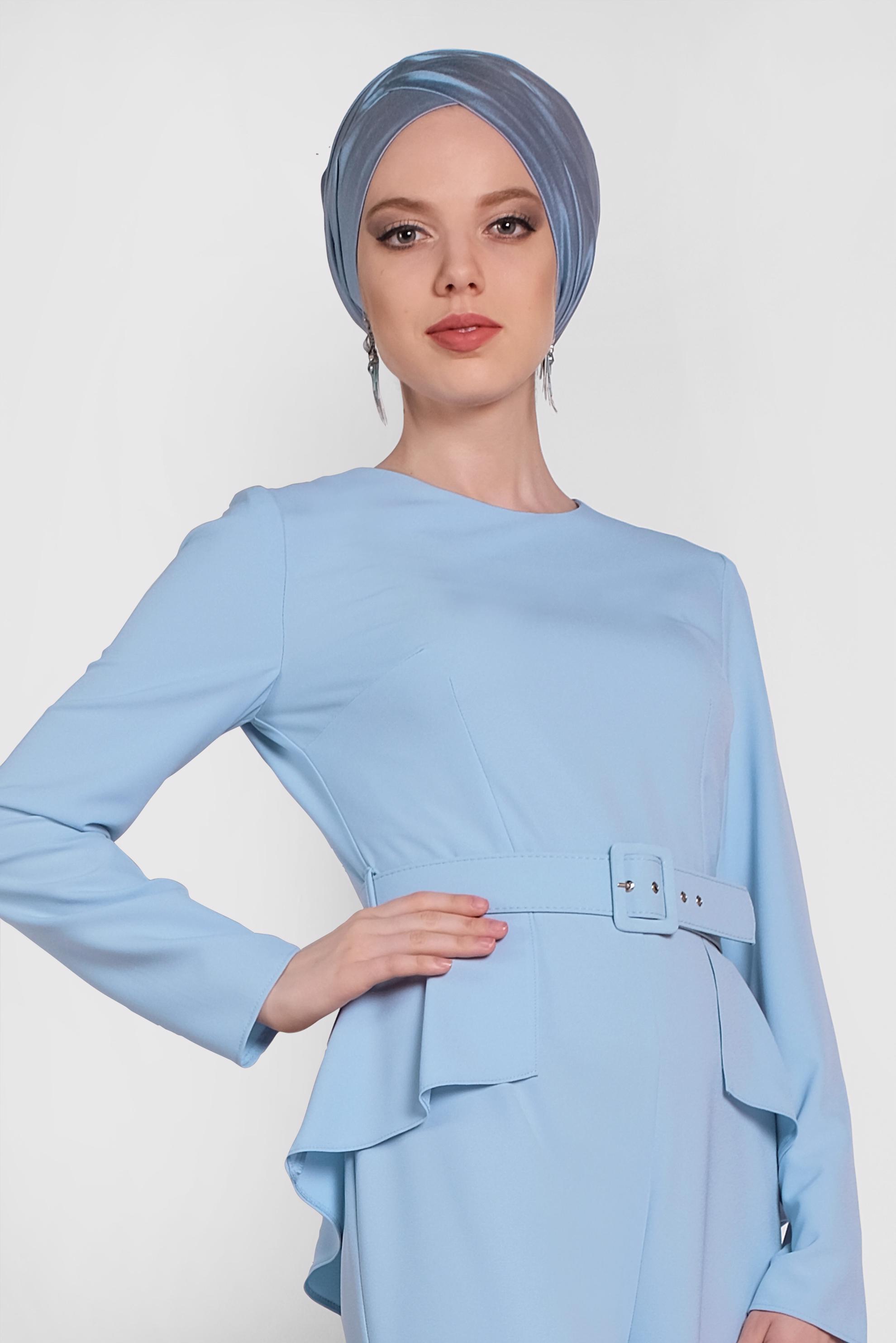 Tesettür giyim MAVİ KEMER DETAYLI TULUM 4480 