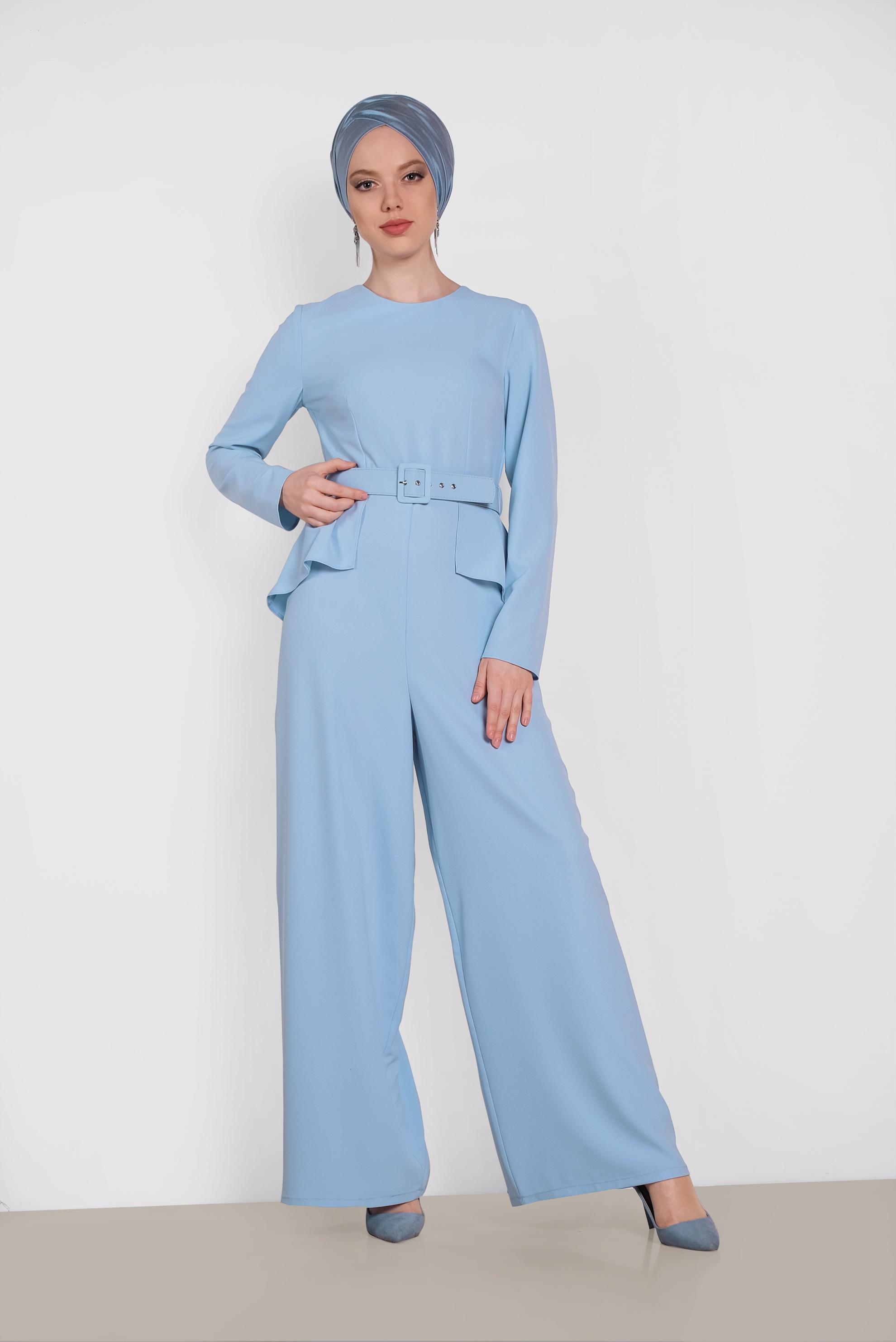 Tesettür giyim MAVİ KEMER DETAYLI TULUM 4480 