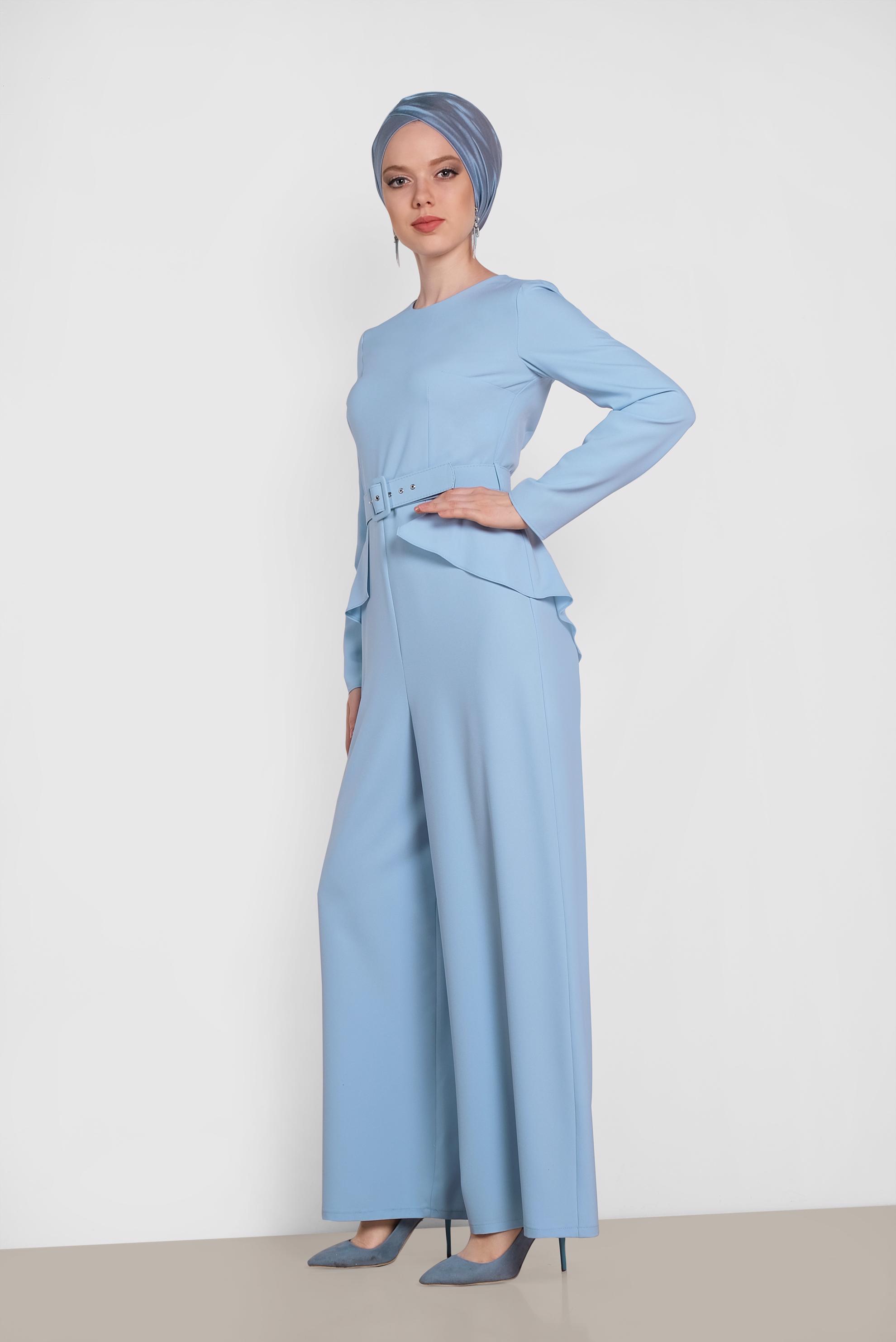 Tesettür giyim MAVİ KEMER DETAYLI TULUM 4480 