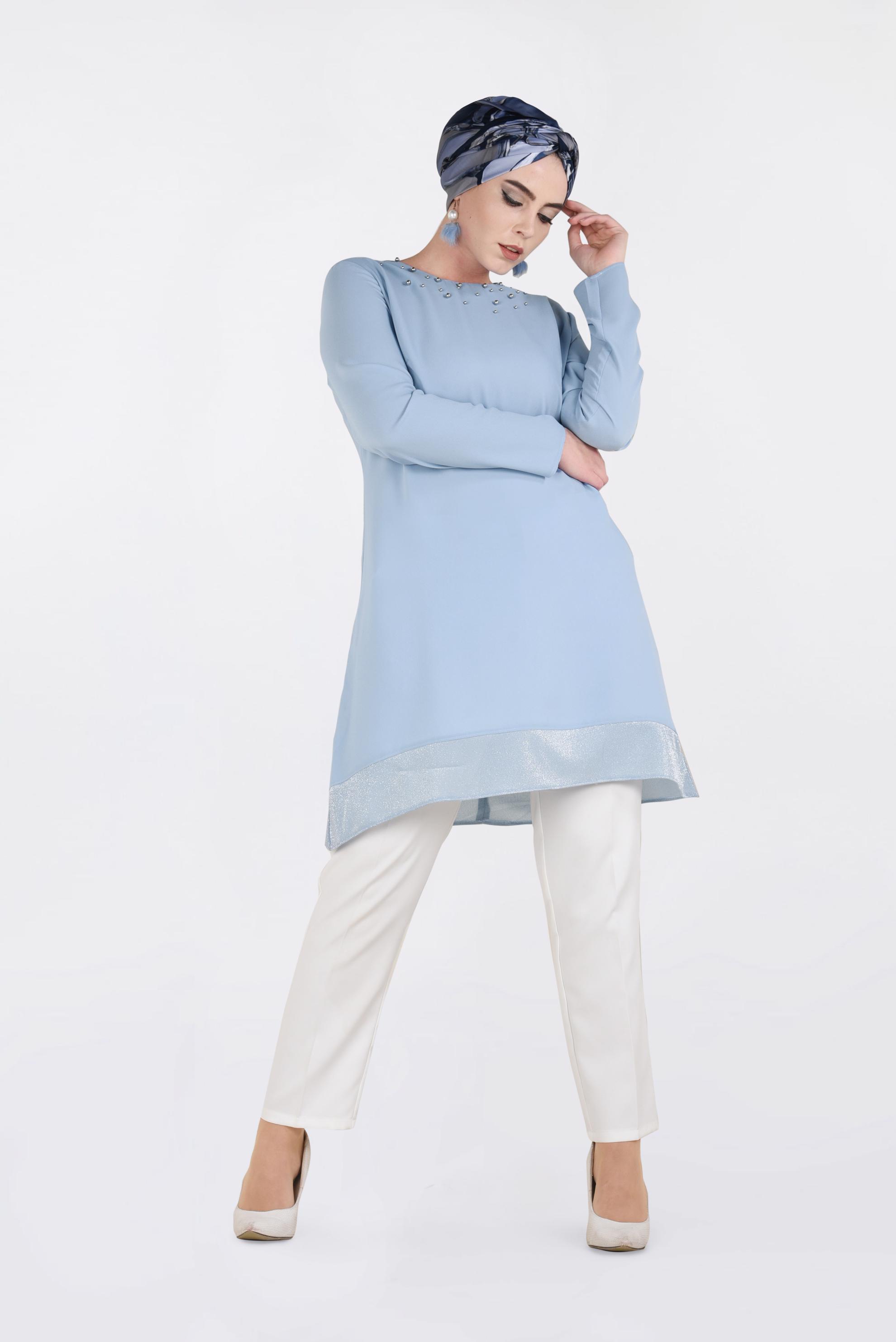 Tesettür giyim MAVİ İNCİ DETAYLI TUNİK 2822 