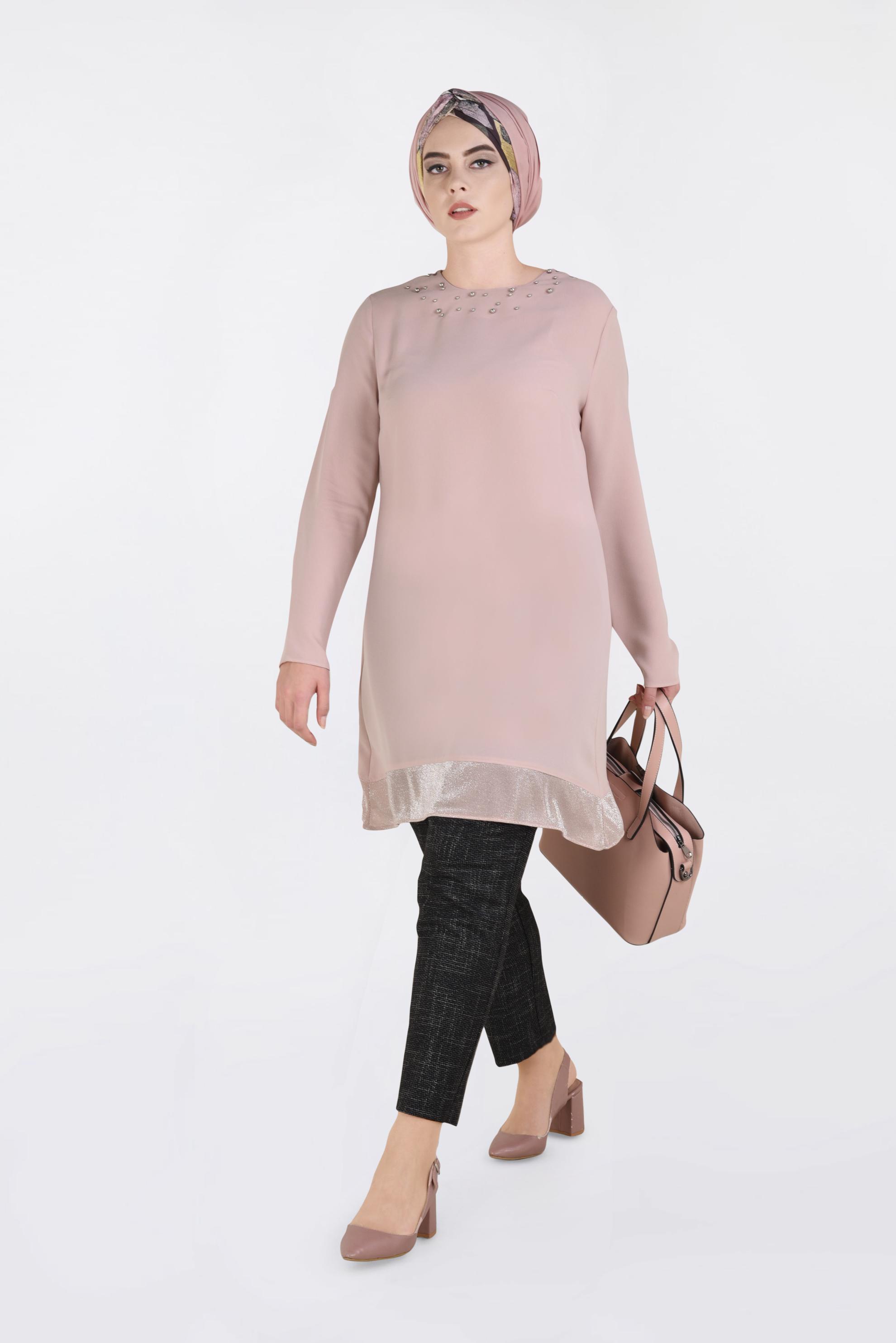 Tesettür giyim PUDRA İNCİ DETAYLI TUNİK 2822 