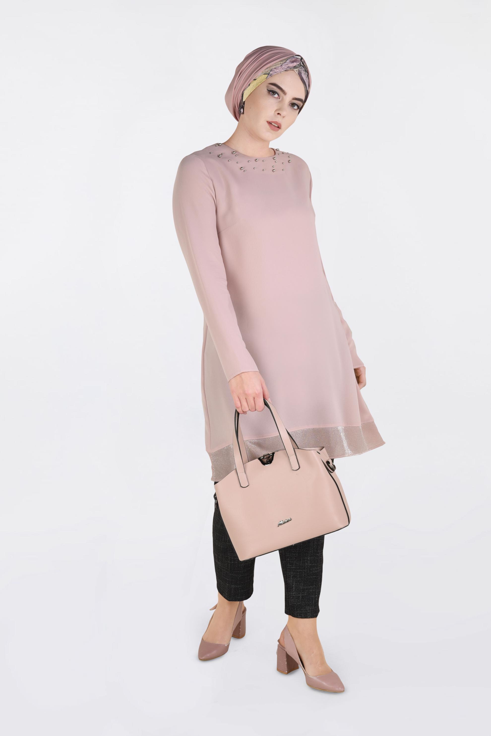 Tesettür giyim PUDRA İNCİ DETAYLI TUNİK 2822 