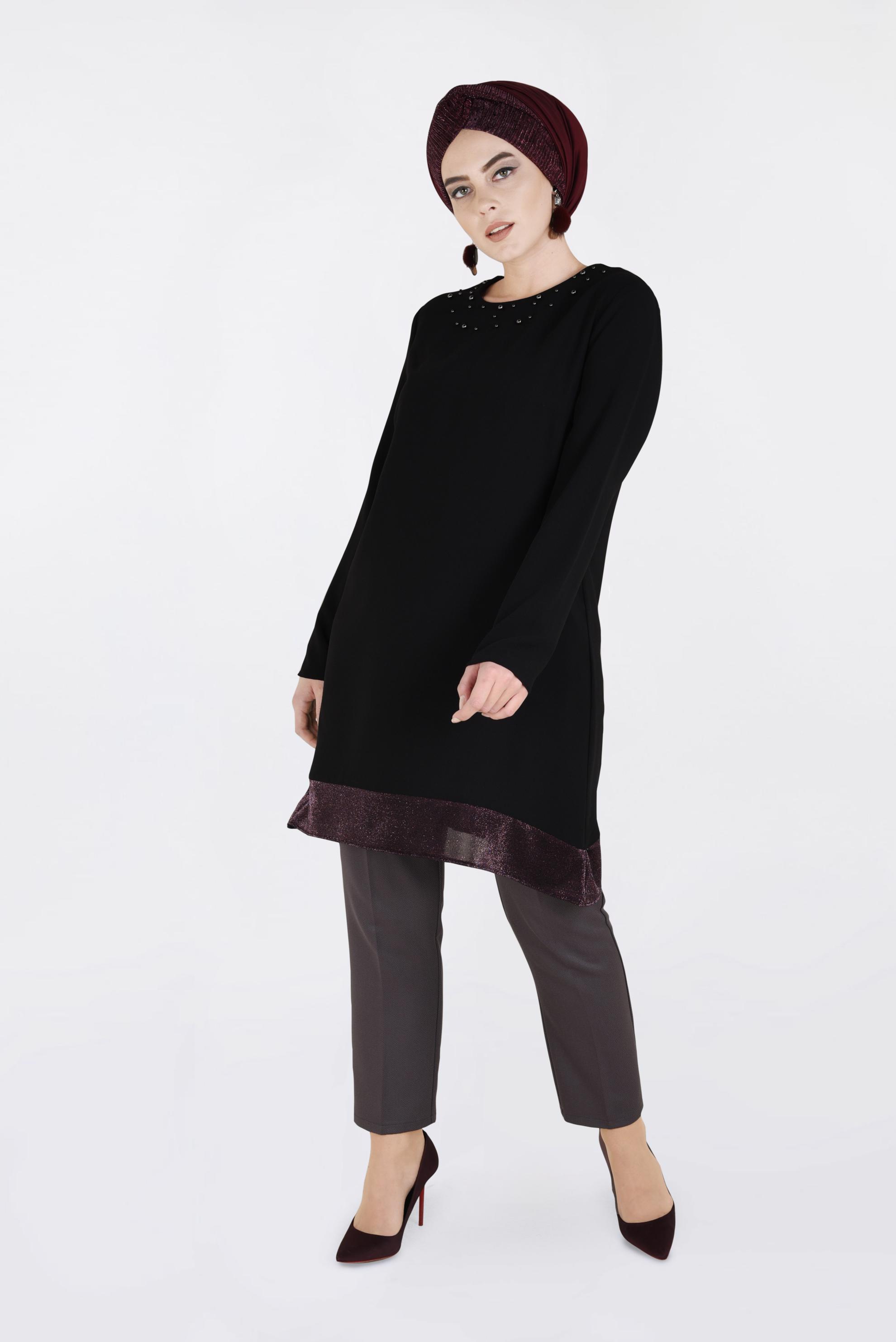Tesettür giyim SİYAH İNCİ DETAYLI TUNİK 2822 