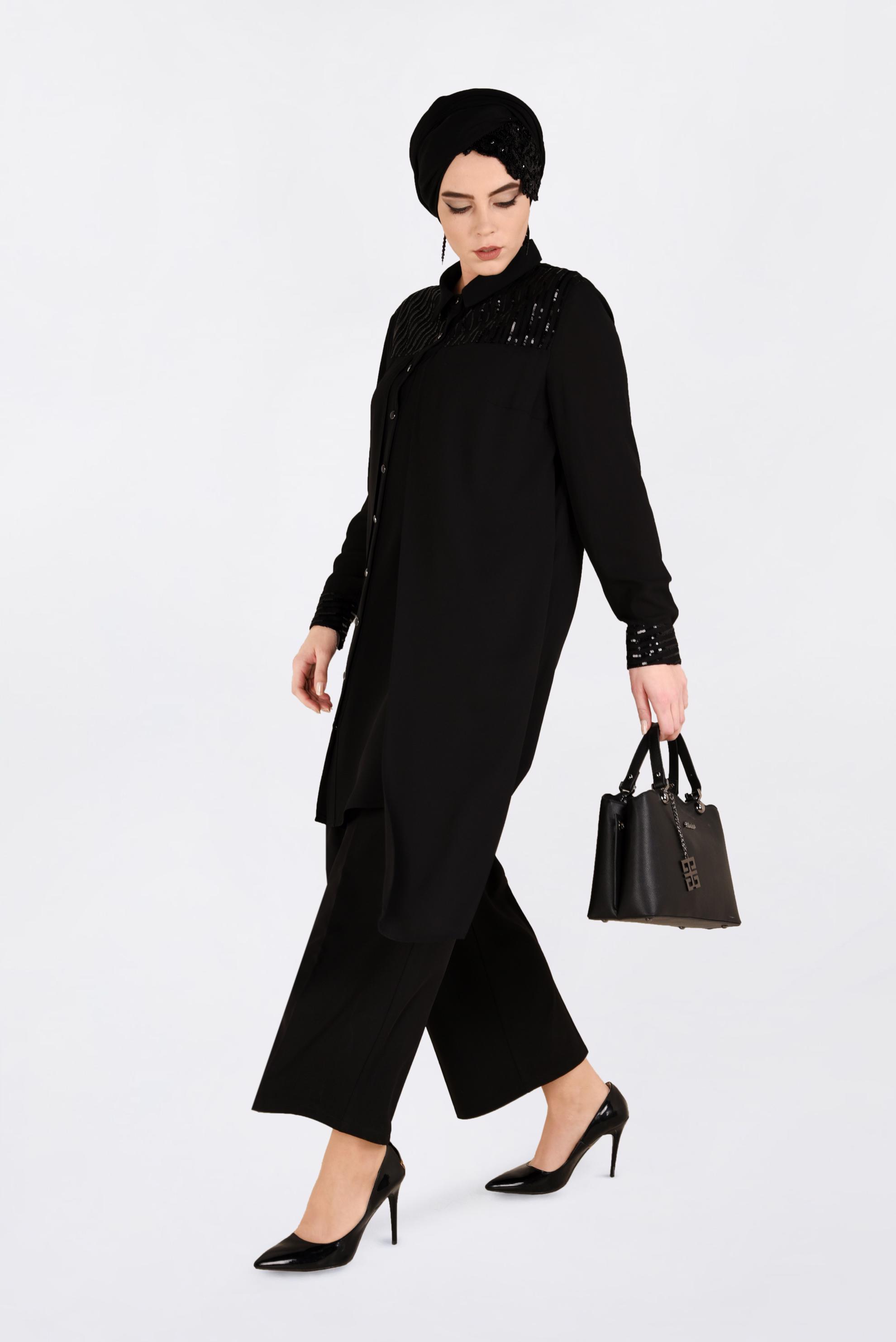 Tesettür giyim SİYAH PUL PAYET İŞLEMELİ TUNİK 2825 