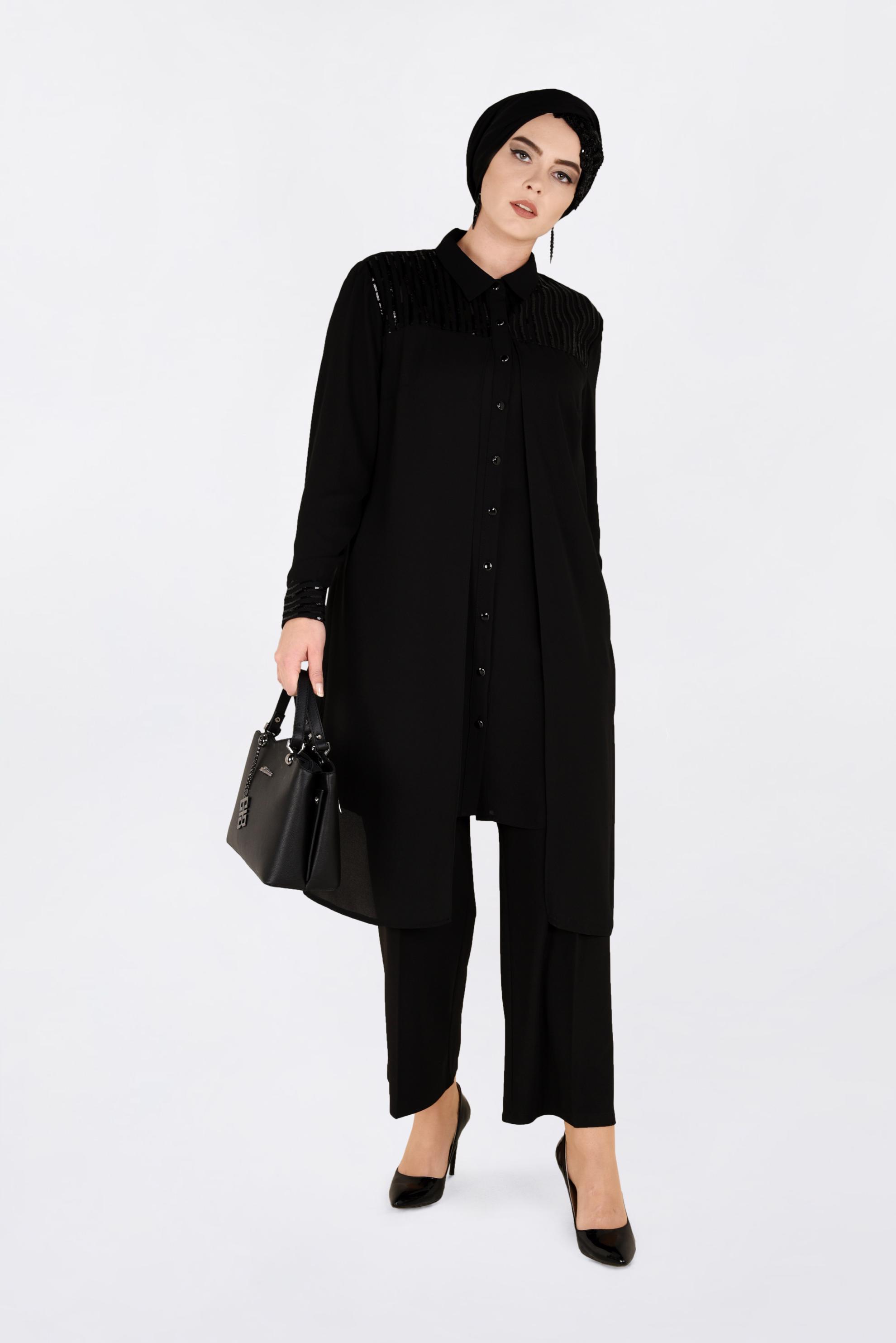 Tesettür giyim SİYAH PUL PAYET İŞLEMELİ TUNİK 2825 