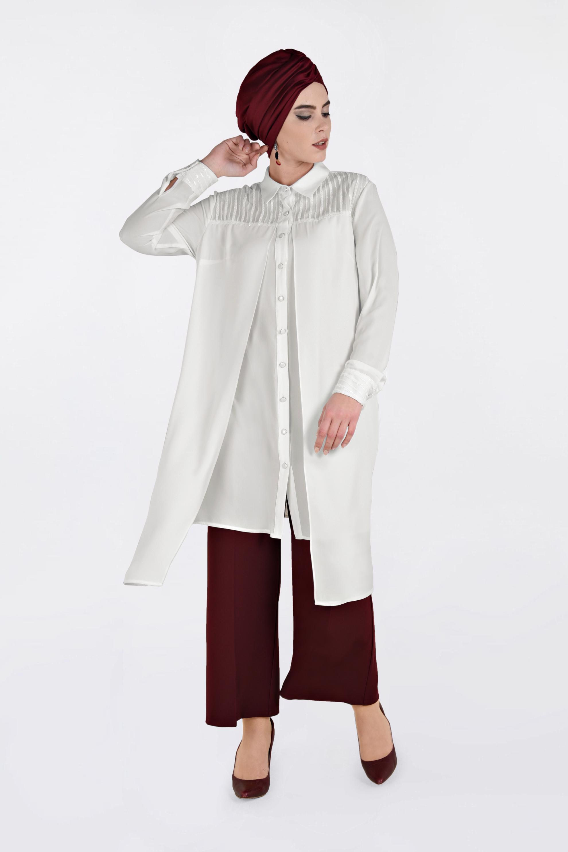 Tesettür giyim BEYAZ PUL PAYET İŞLEMELİ TUNİK 2825 