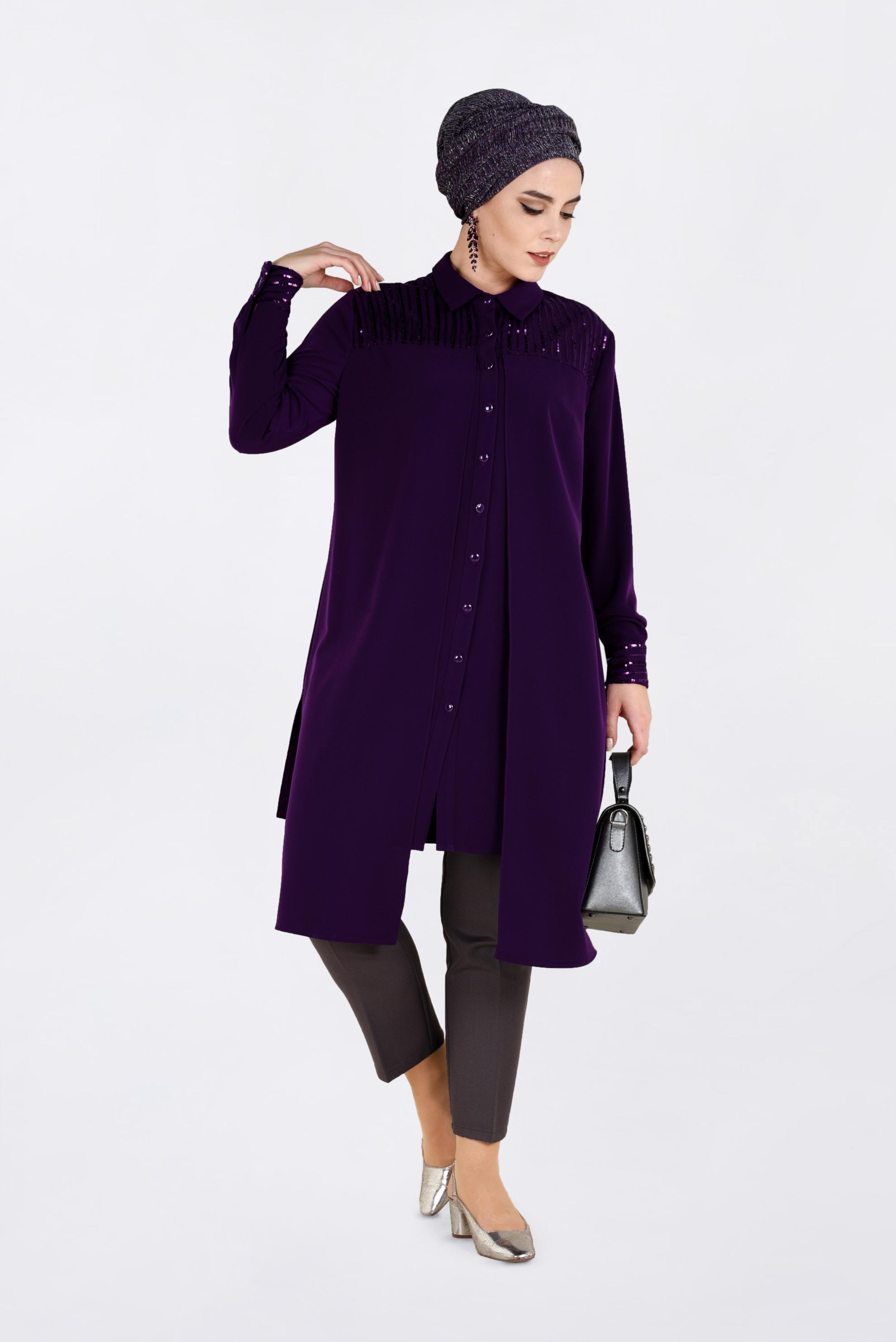 Tesettür giyim MOR PUL PAYET İŞLEMELİ TUNİK 2825 