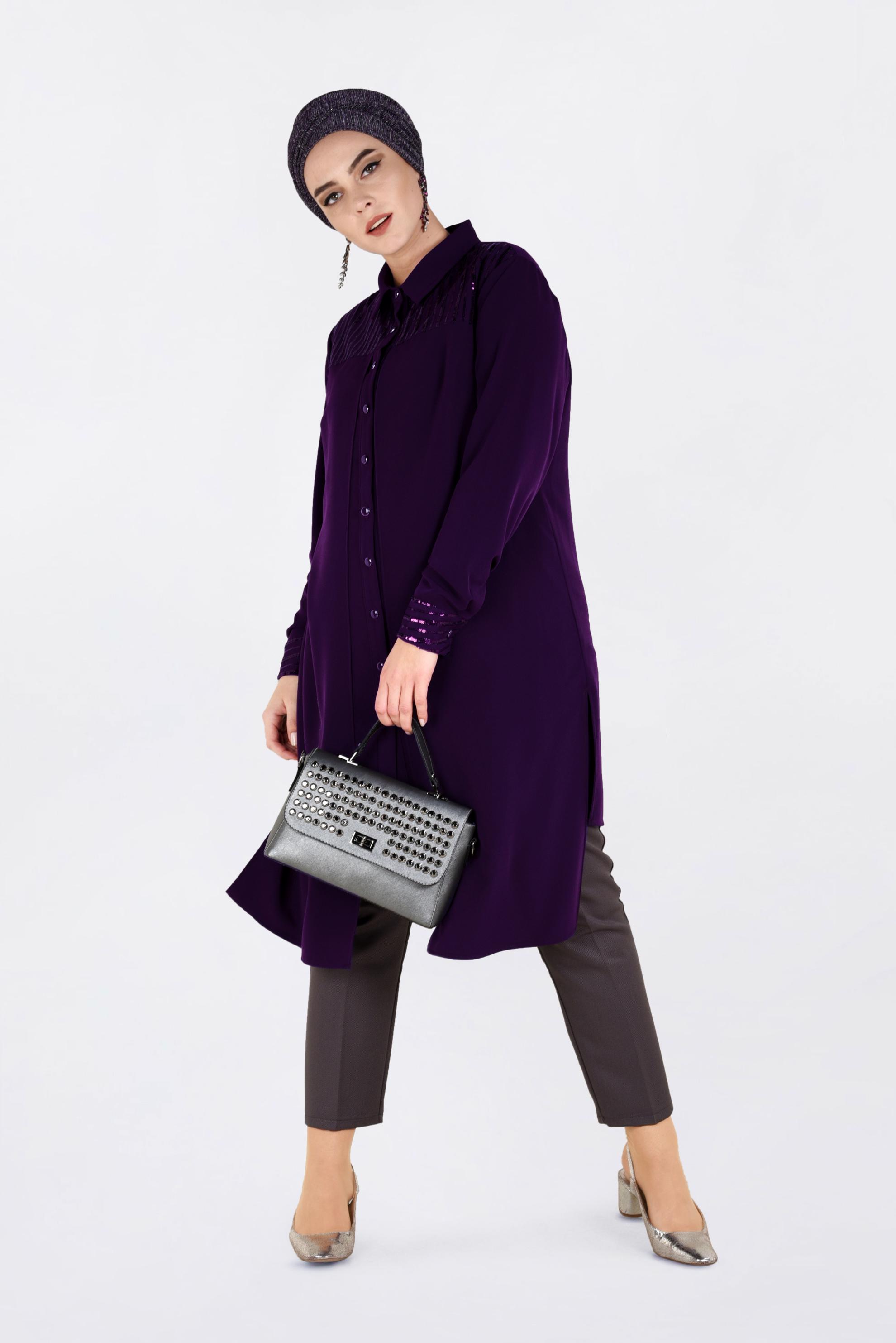 Tesettür giyim MOR PUL PAYET İŞLEMELİ TUNİK 2825 