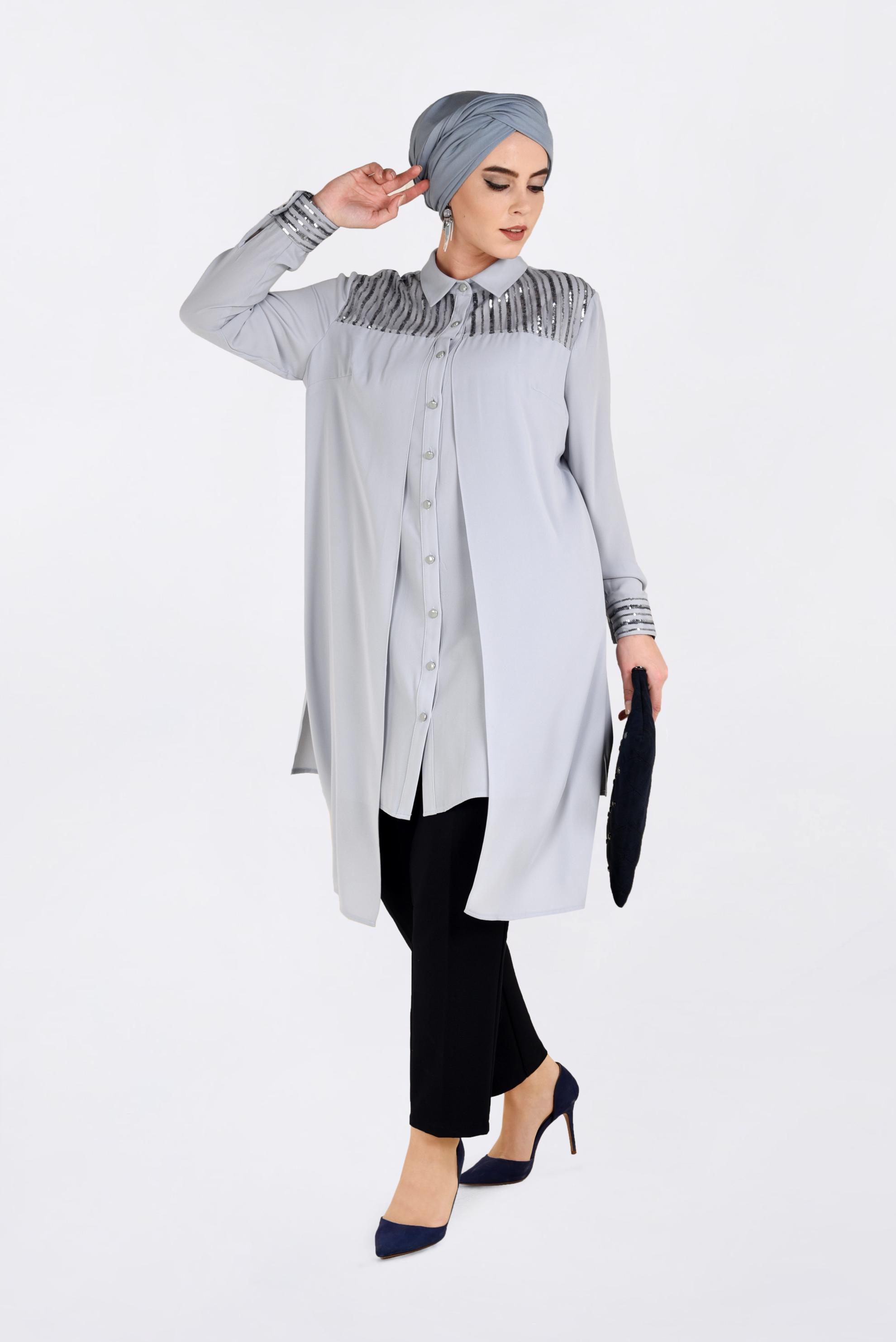 Tesettür giyim GRİ PUL PAYET İŞLEMELİ TUNİK 2825 
