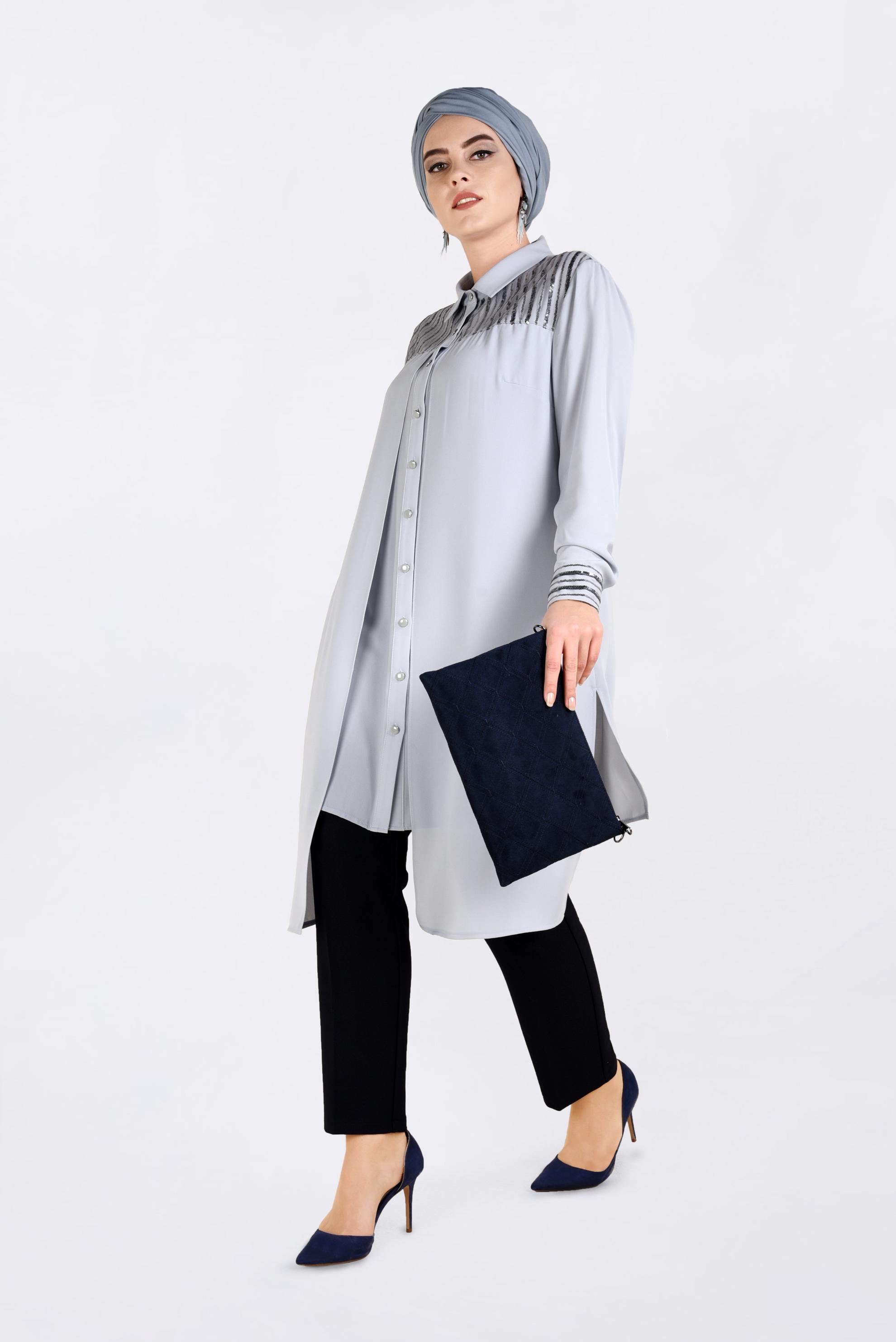 Tesettür giyim GRİ PUL PAYET İŞLEMELİ TUNİK 2825 
