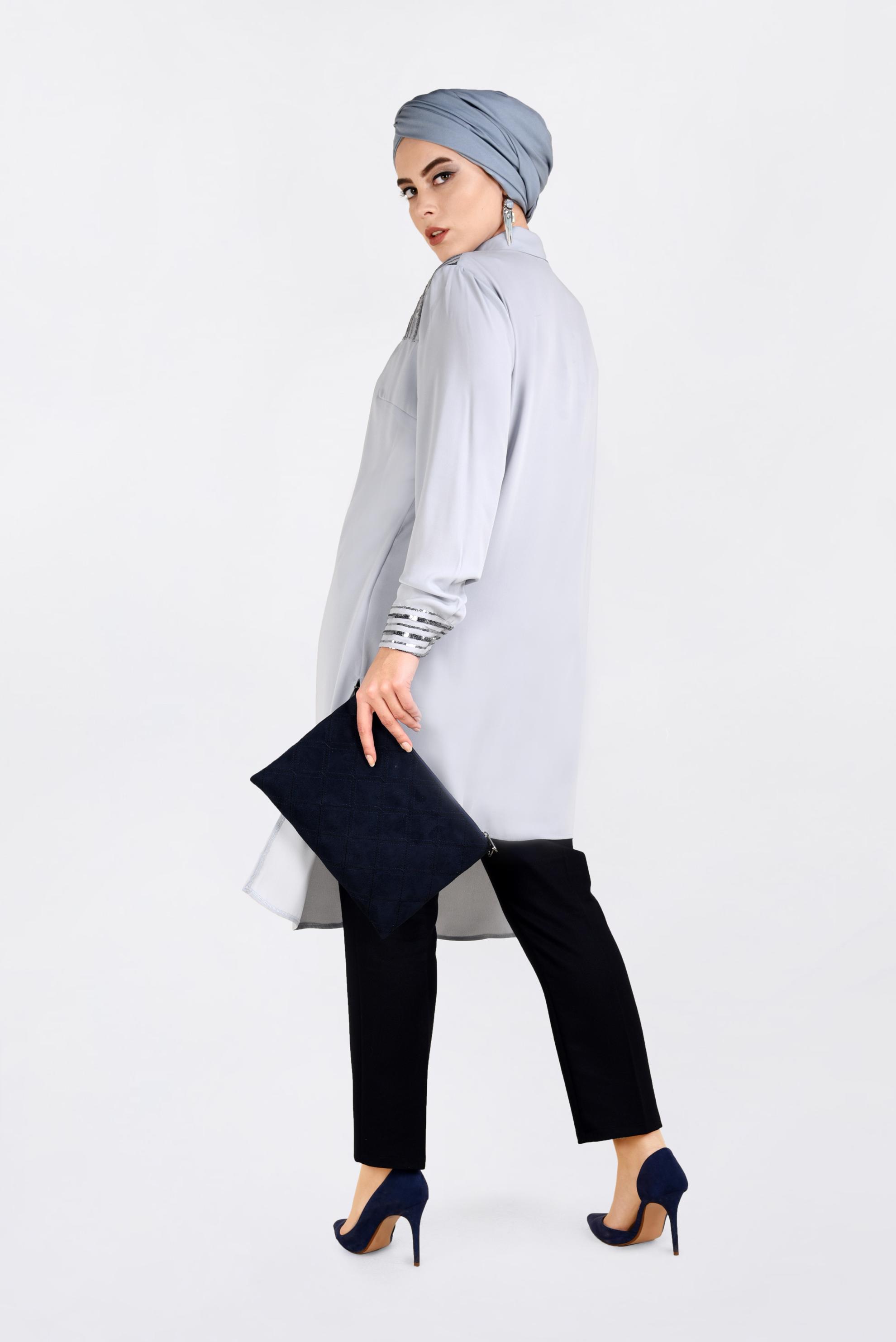 Tesettür giyim GRİ PUL PAYET İŞLEMELİ TUNİK 2825 