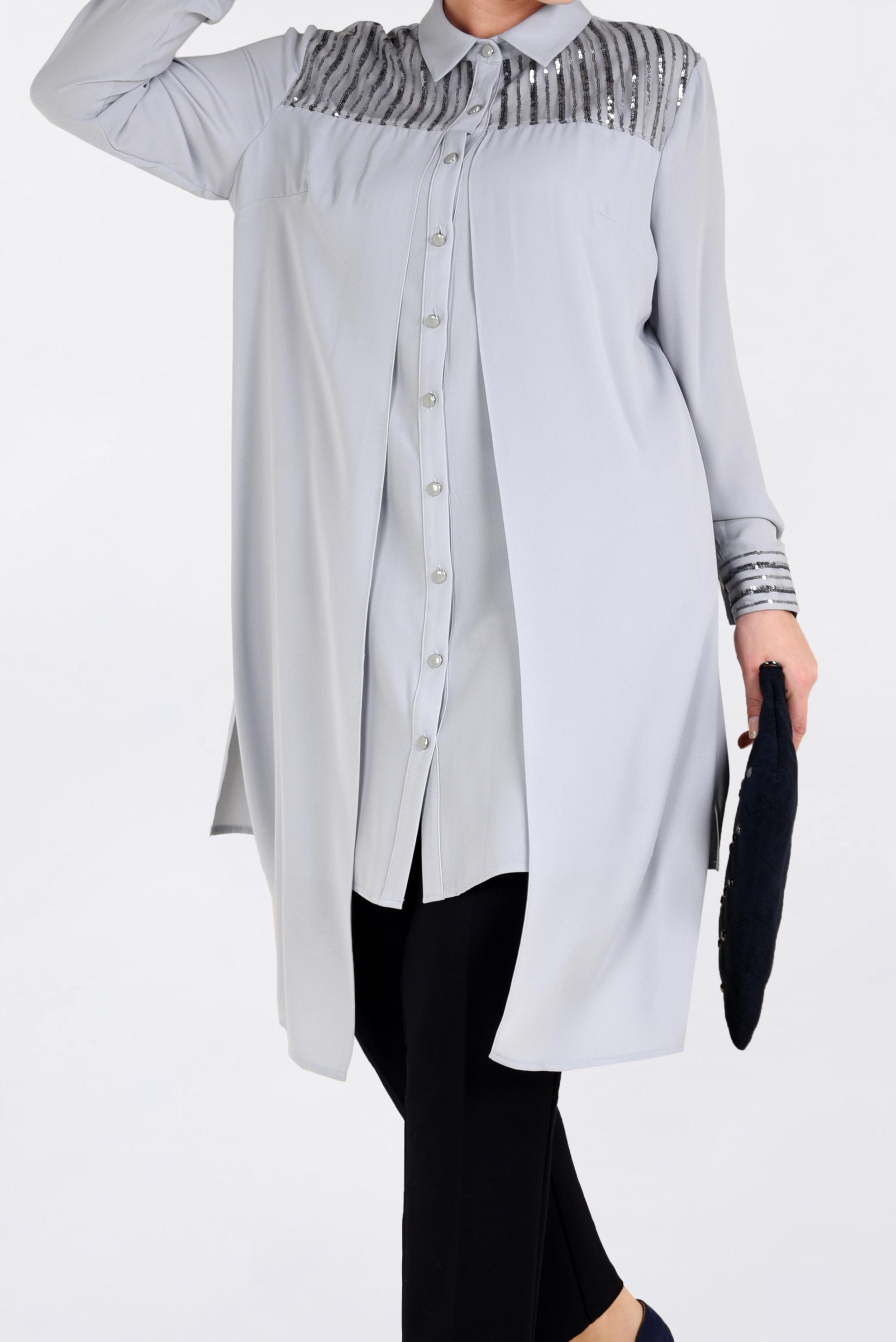 Tesettür giyim GRİ PUL PAYET İŞLEMELİ TUNİK 2825 