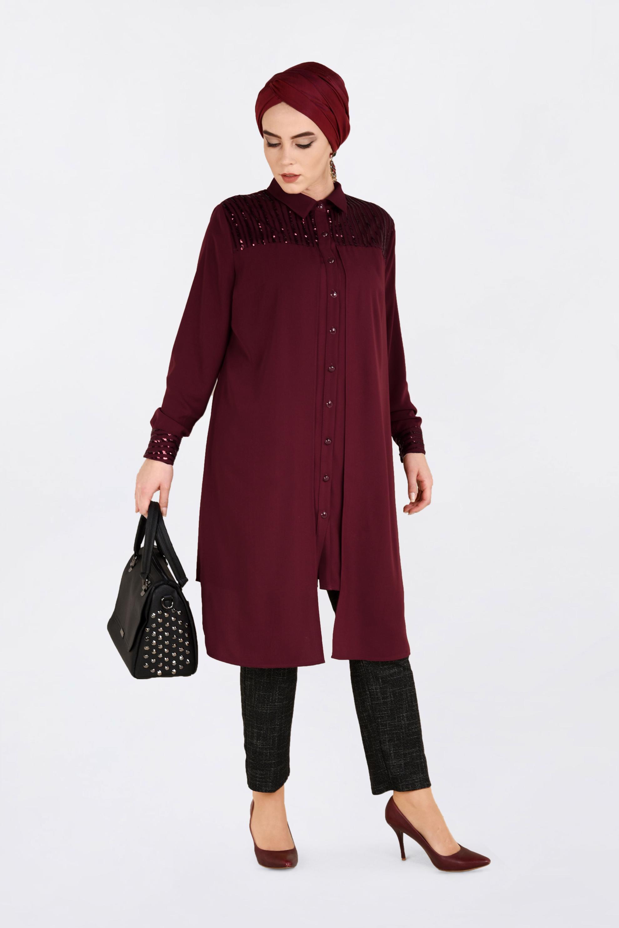 Tesettür giyim BORDO PUL PAYET İŞLEMELİ TUNİK 2825 