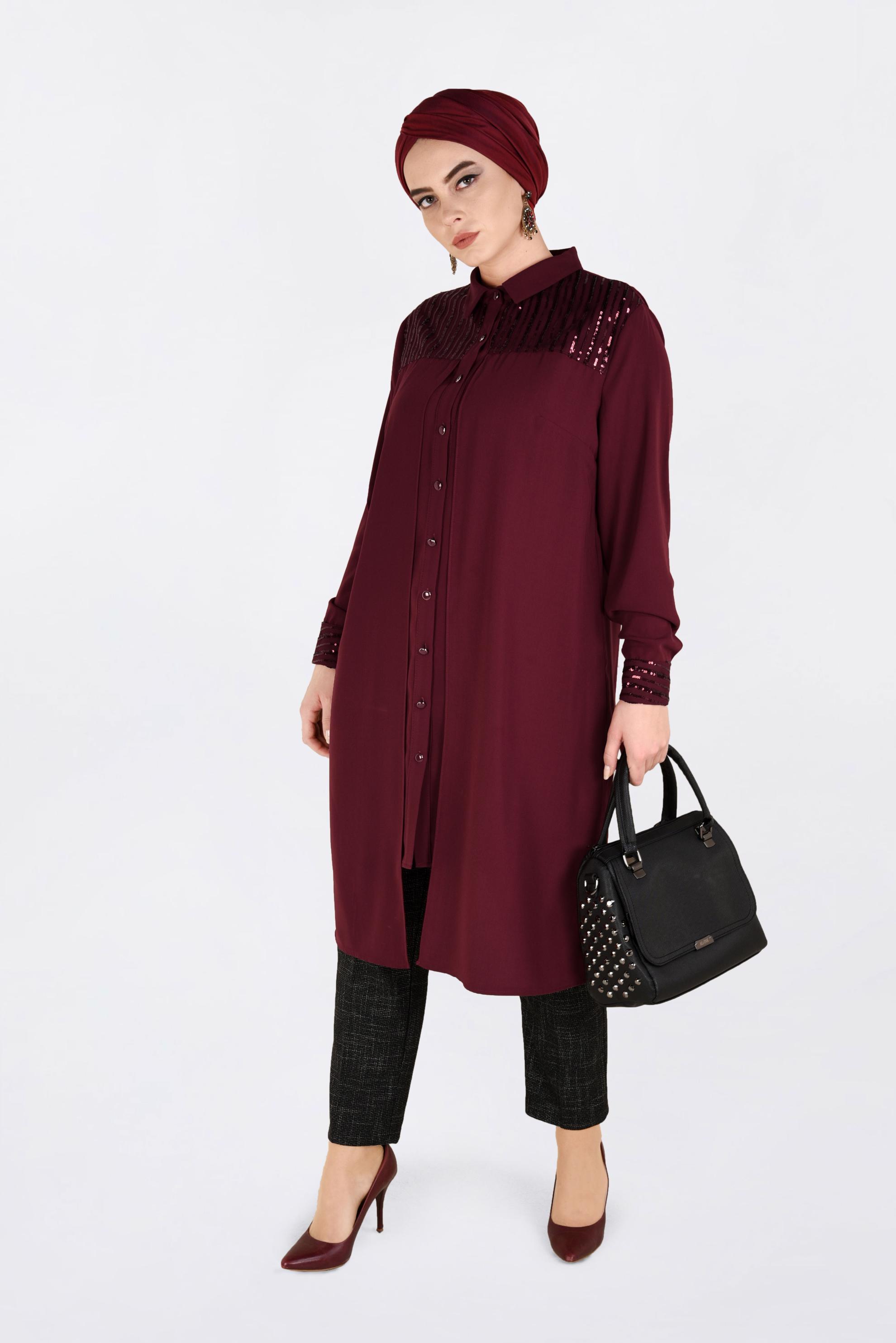 Tesettür giyim BORDO PUL PAYET İŞLEMELİ TUNİK 2825 