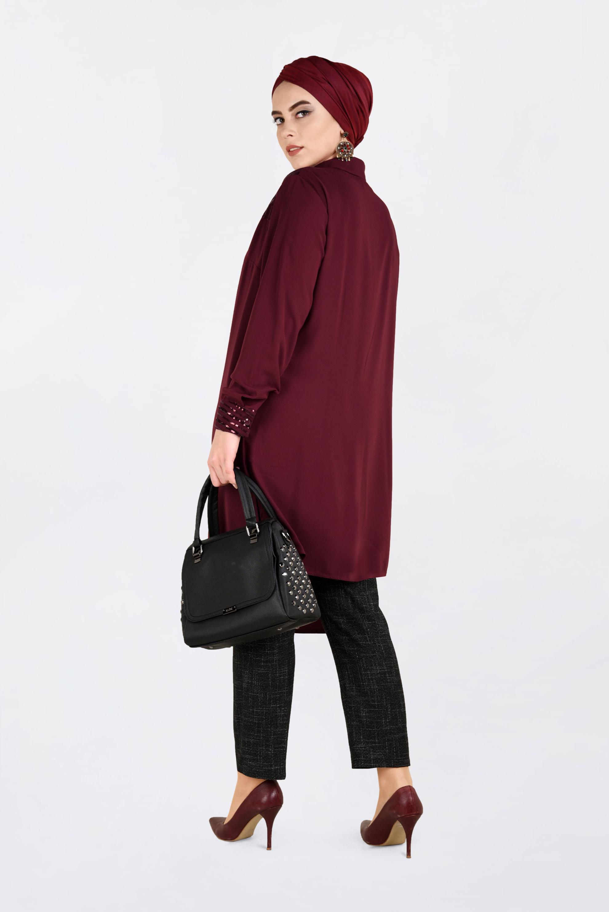 Tesettür giyim BORDO PUL PAYET İŞLEMELİ TUNİK 2825 