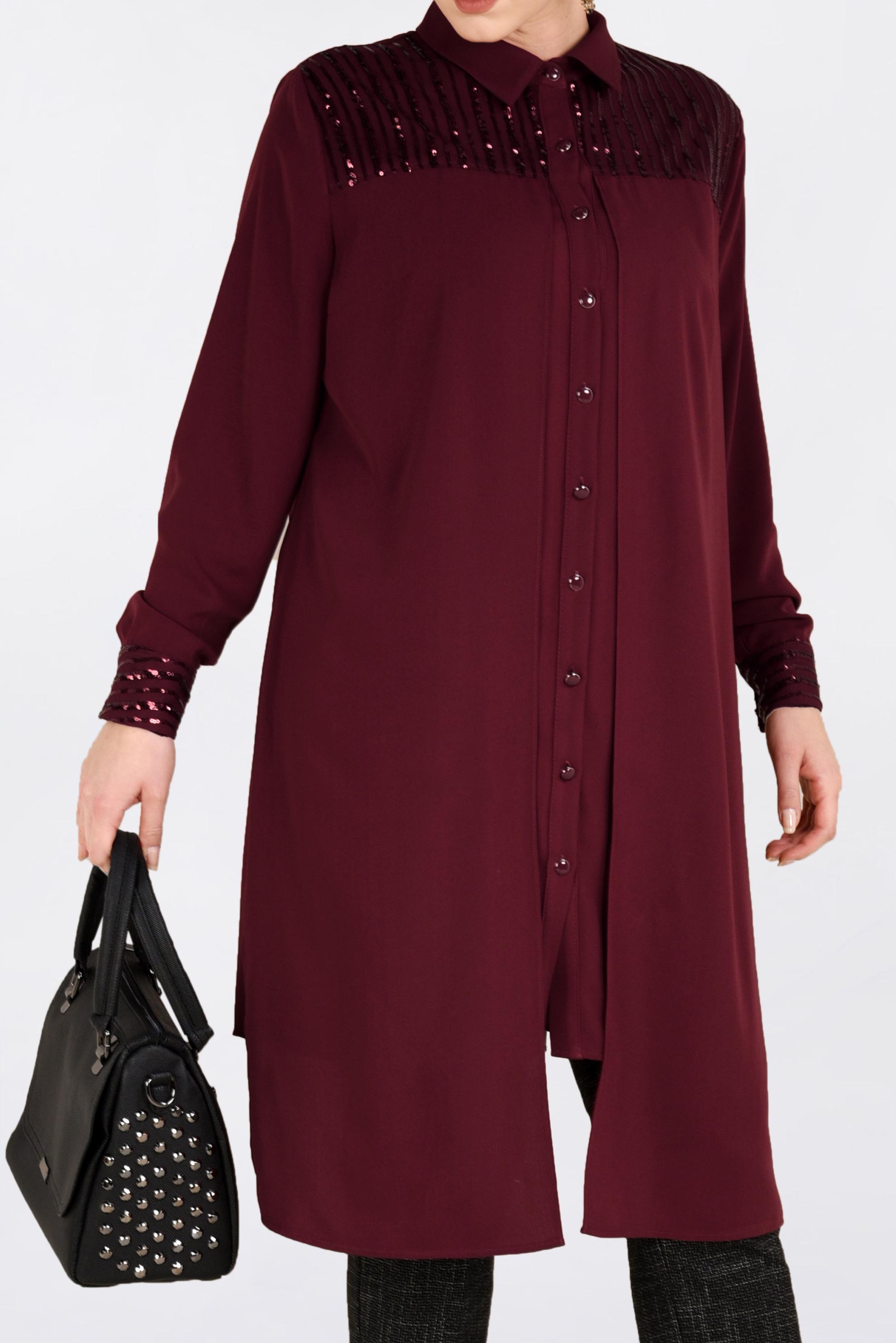 Tesettür giyim BORDO PUL PAYET İŞLEMELİ TUNİK 2825 