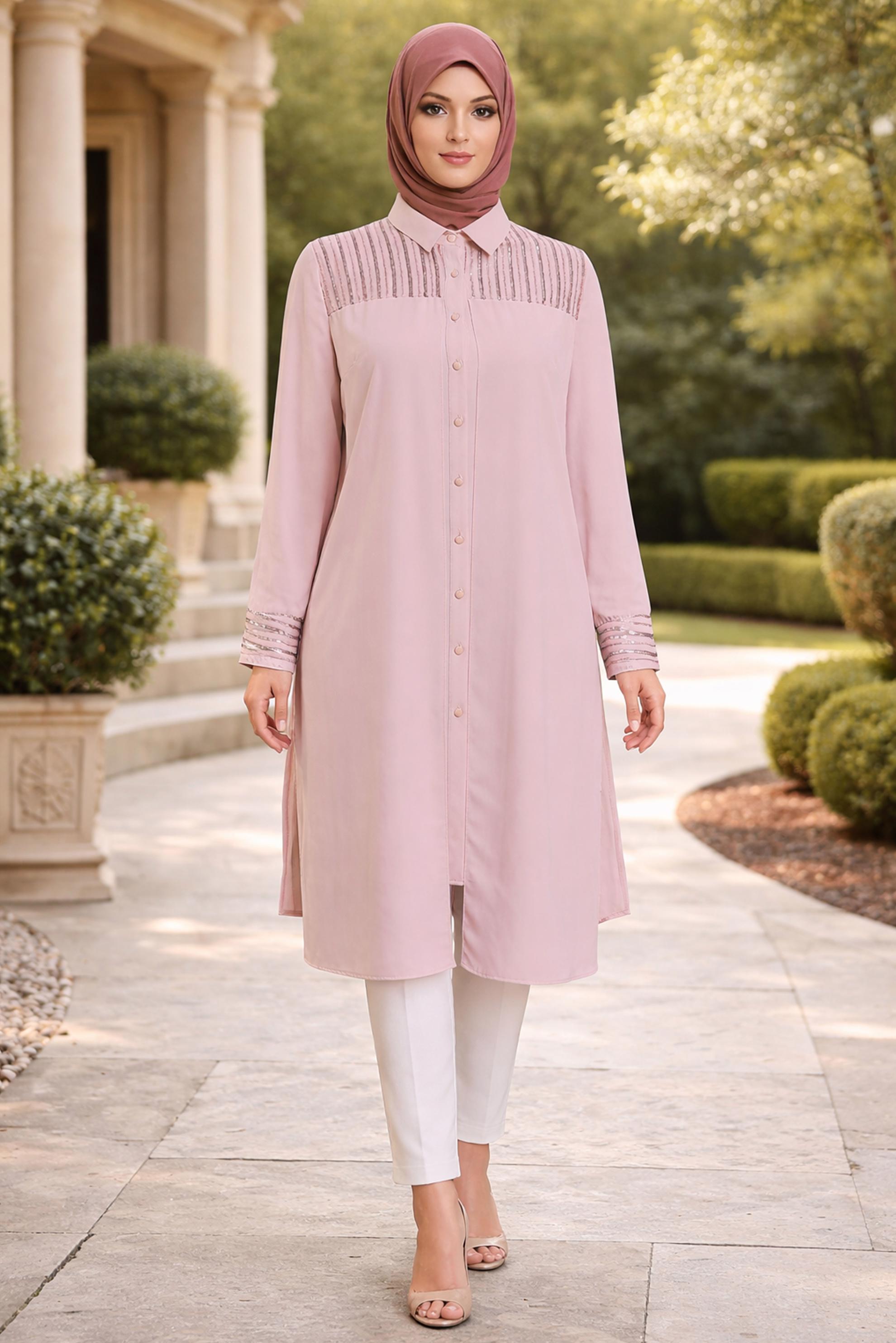 Tesettür giyim PUDRA PUL PAYET İŞLEMELİ TUNİK 2825 