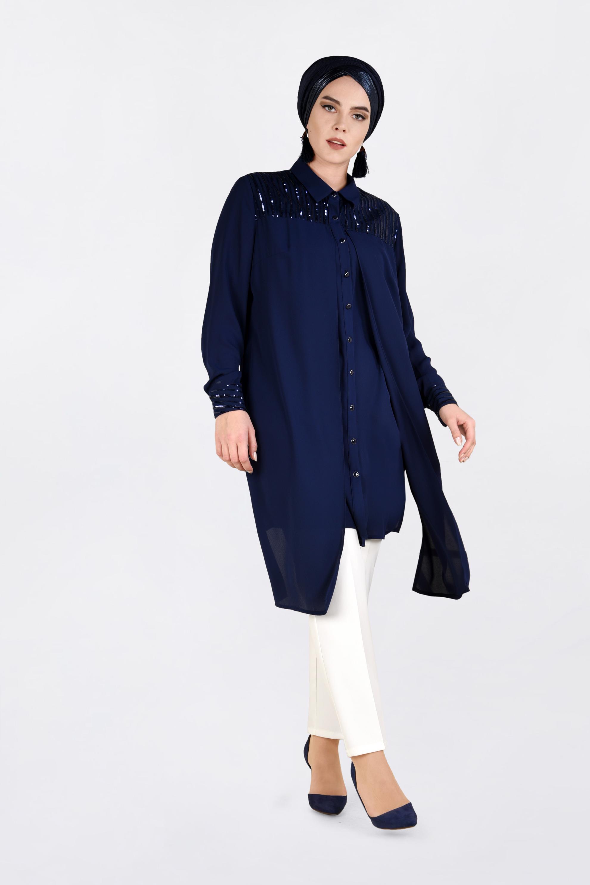Tesettür giyim LACİVERT PUL PAYET İŞLEMELİ TUNİK 2825 