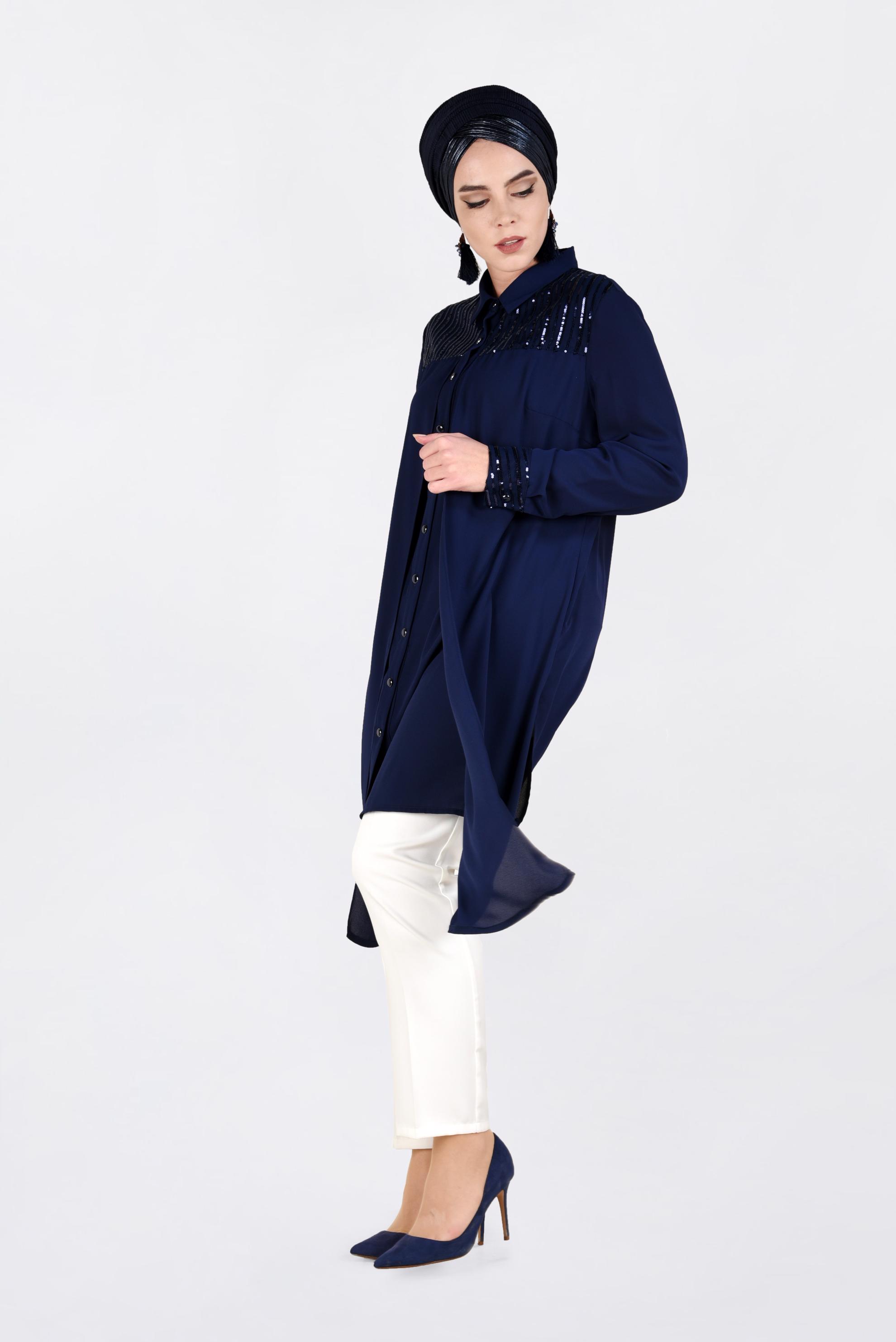 Tesettür giyim LACİVERT PUL PAYET İŞLEMELİ TUNİK 2825 