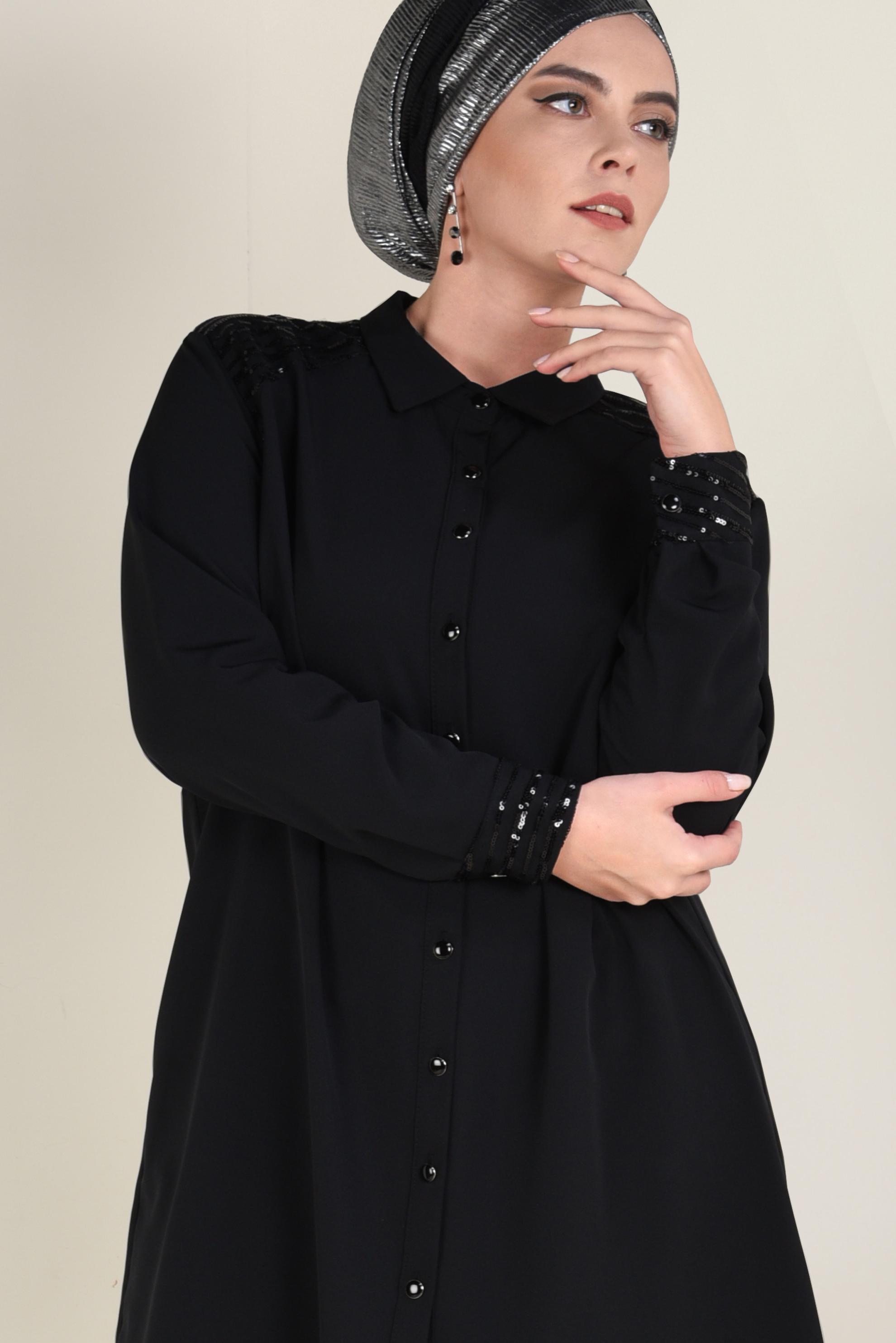 Tesettür giyim SİYAH PUL PAYET DETAYLI DÜĞMELİ TUNİK 2826 