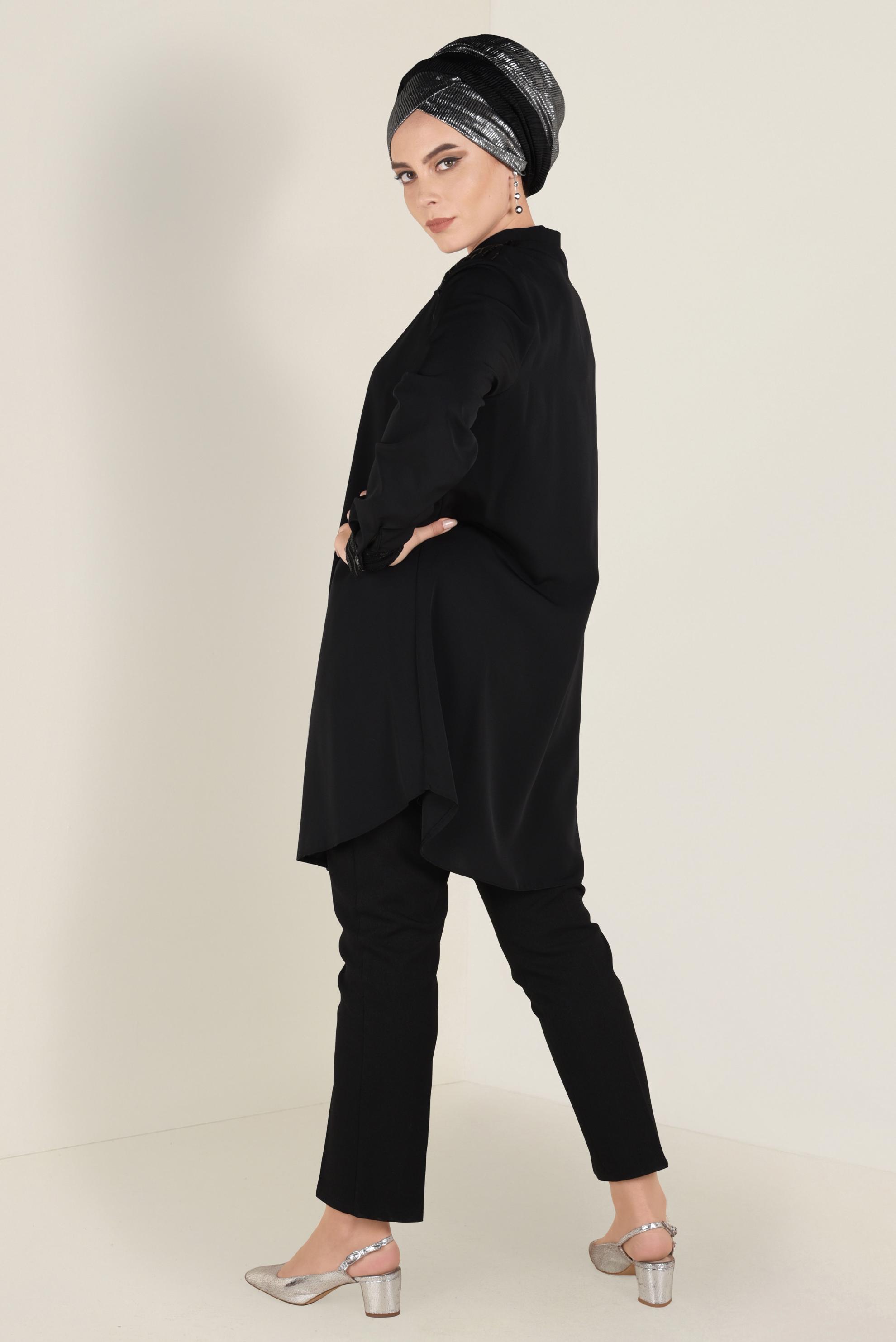 Tesettür giyim SİYAH PUL PAYET DETAYLI DÜĞMELİ TUNİK 2826 